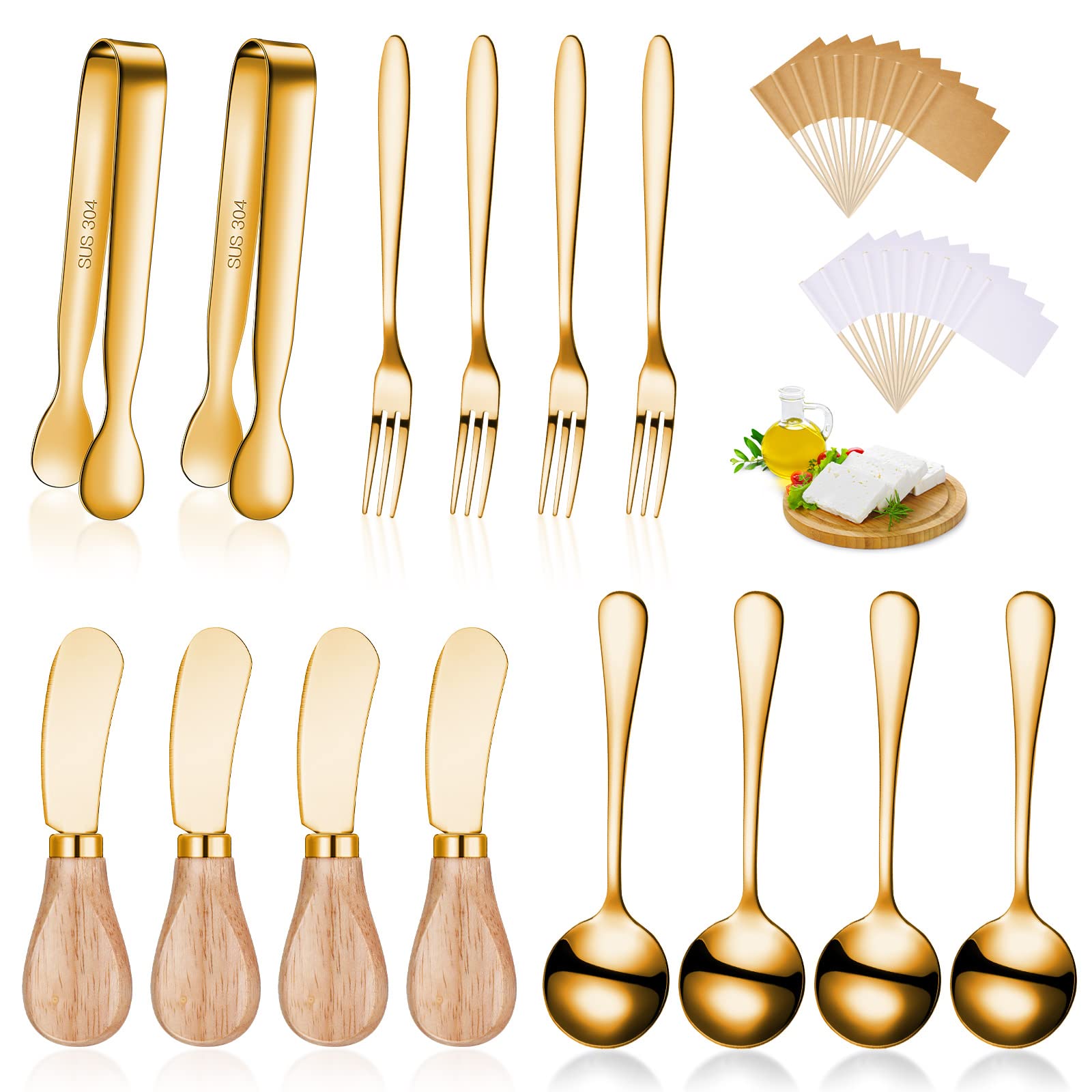 14-Piece Stainless Steel Cheese and Butter Spreader Knives Set with Wooden Handles - Charcuterie Board Accessories Kit Includes Mini Serving Tongs, Spoons & Forks (Gold) - Perfect for Cheese Platters, Charcuterie Boards, Dinner Parties & Gourmet Entertaining