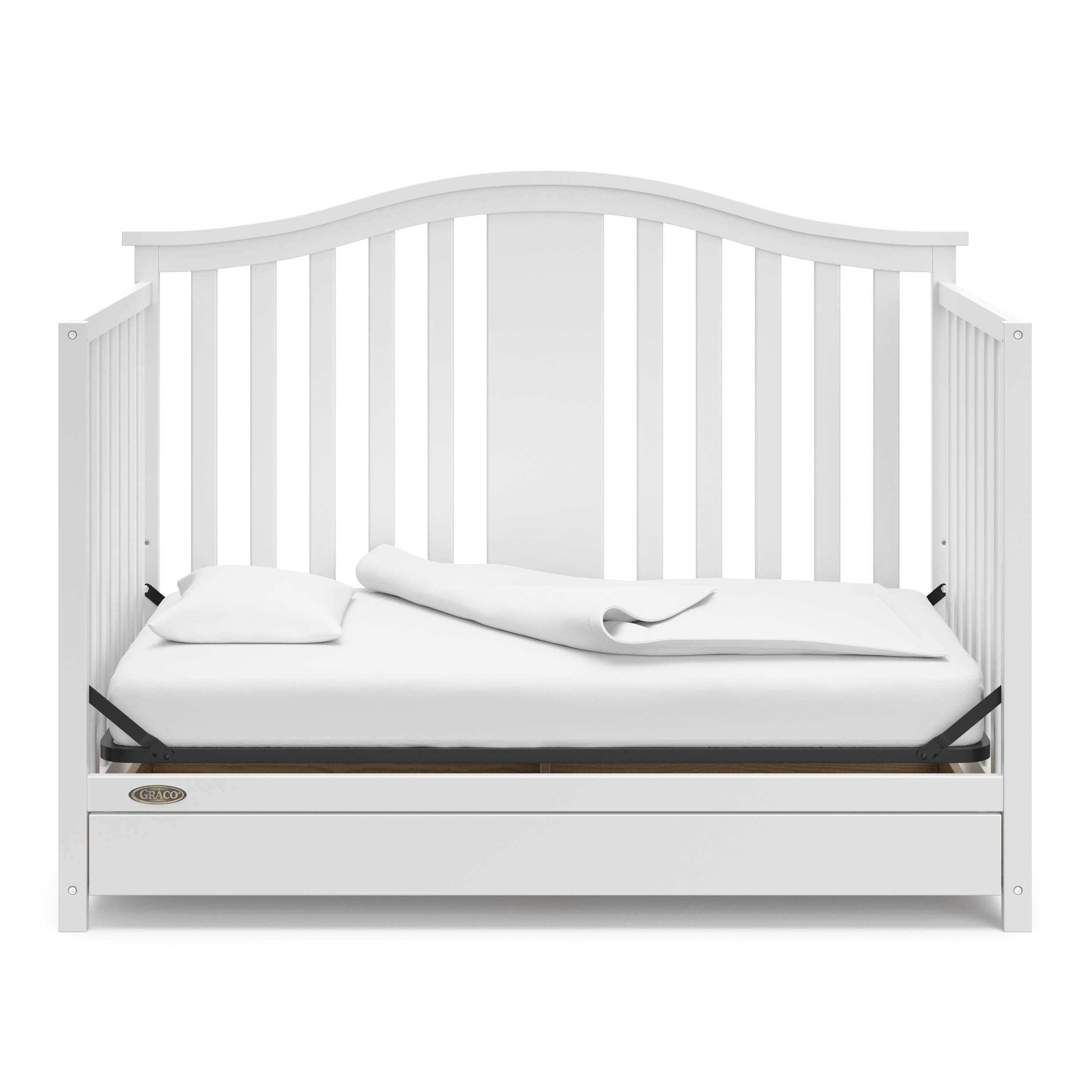 Graco Solano 4-in-1 Convertible Crib with Storage Drawer - GREENGUARD Gold Certified, White Nursery Furniture Converts to Toddler & Full-Size Bed | Safe Baby Crib for Nursery, Bedroom & Daycare Use