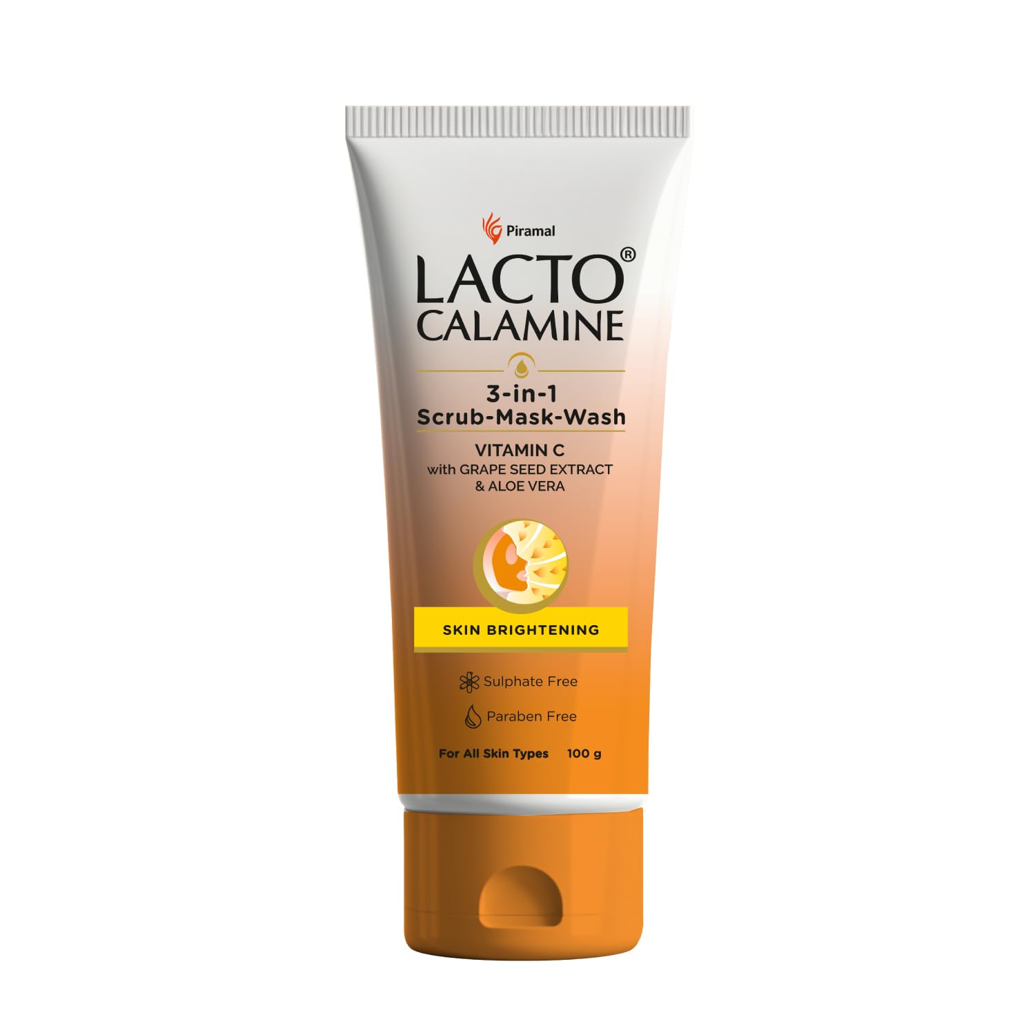 Lacto Calamine 3-in-1 Vitamin C Face Scrub, Mask & Cleanser for Skin Brightening - 100ml | Kaolin Clay, Grape Seed Extract & Aloe Vera | Daily Exfoliating, Deep Cleansing & Brightening Treatment for Dull Skin