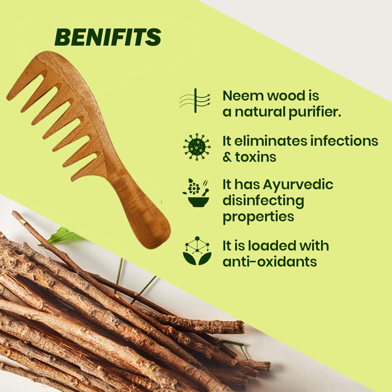 Organic Neem Wooden Comb for Women - Wide Tooth Detangling Comb for Curly Hair, Promotes Hair Growth & Reduces Dandruff | Perfect for Daily Hair Care, Travel & Natural Hair Maintenance