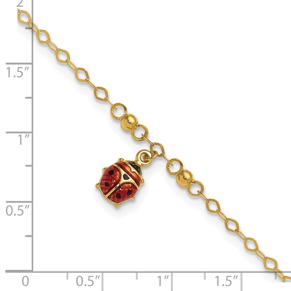 14K Yellow Gold Adjustable Ladybug Enamel Anklet - 10 Inch Cute Charm Ankle Bracelet for Women & Girls - Perfect for Summer, Beach, and Everyday Wear