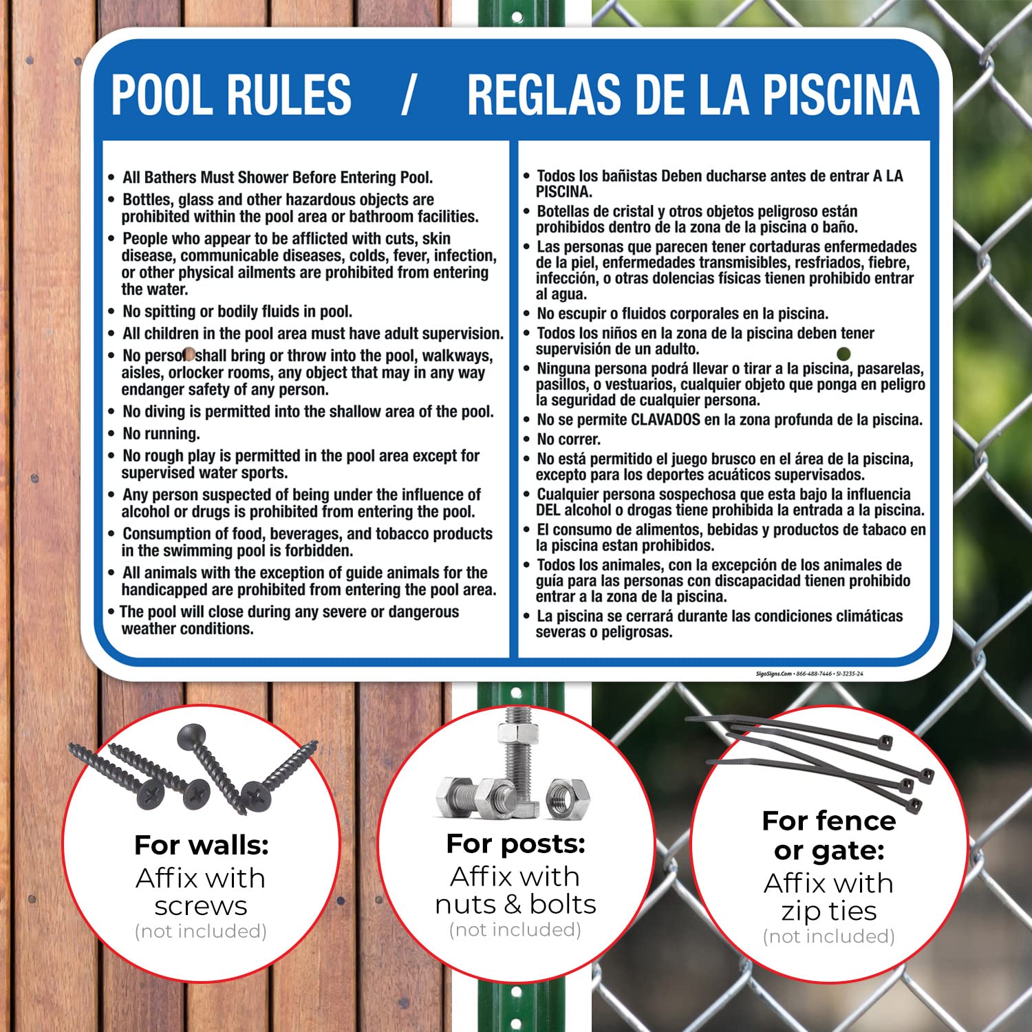 Bilingual Pool Rules Sign - English & Spanish, 18x24 Inches, Rust-Free .063 Aluminum, Fade-Resistant, Easy Mounting for Indoor & Outdoor Use - Made in USA | Perfect for Community Pools, Water Parks & Backyard Swimming Areas