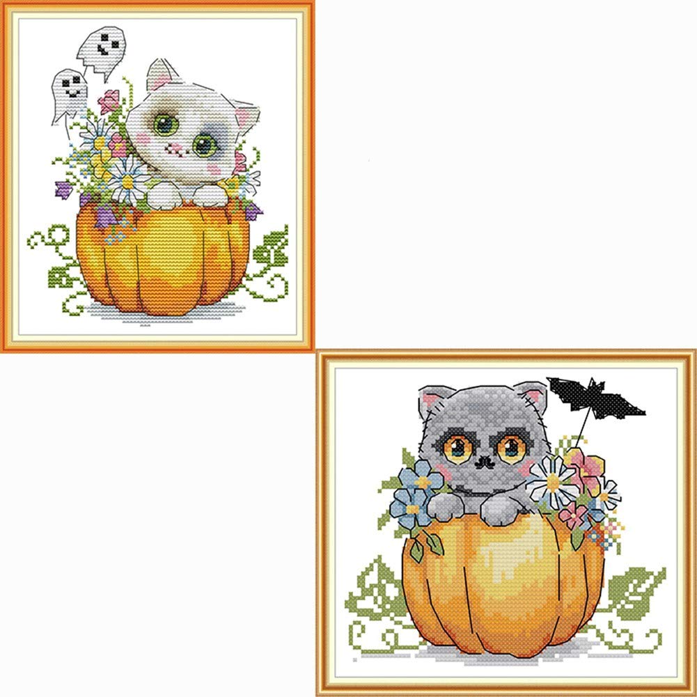 Awesocrafts Halloween Cat Pumpkin Cross Stitch Kit - Easy Counted Embroidery Patterns for Beginners (2-Piece Set) - Perfect for Holiday Decor, DIY Gifts & Home Crafting Projects