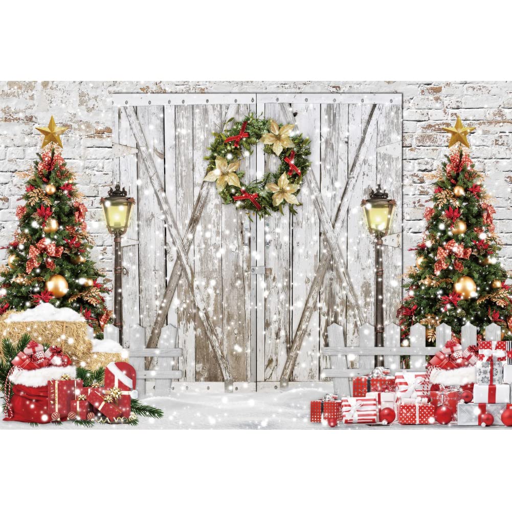 20x10ft Christmas Photography Backdrop - Snowy Winter Wreath on Wooden Door with Brick Wall & Pine Tree Decor - Gold Red Ornaments Holiday Photo Background for Xmas Party, Family Portraits & Social Media Content