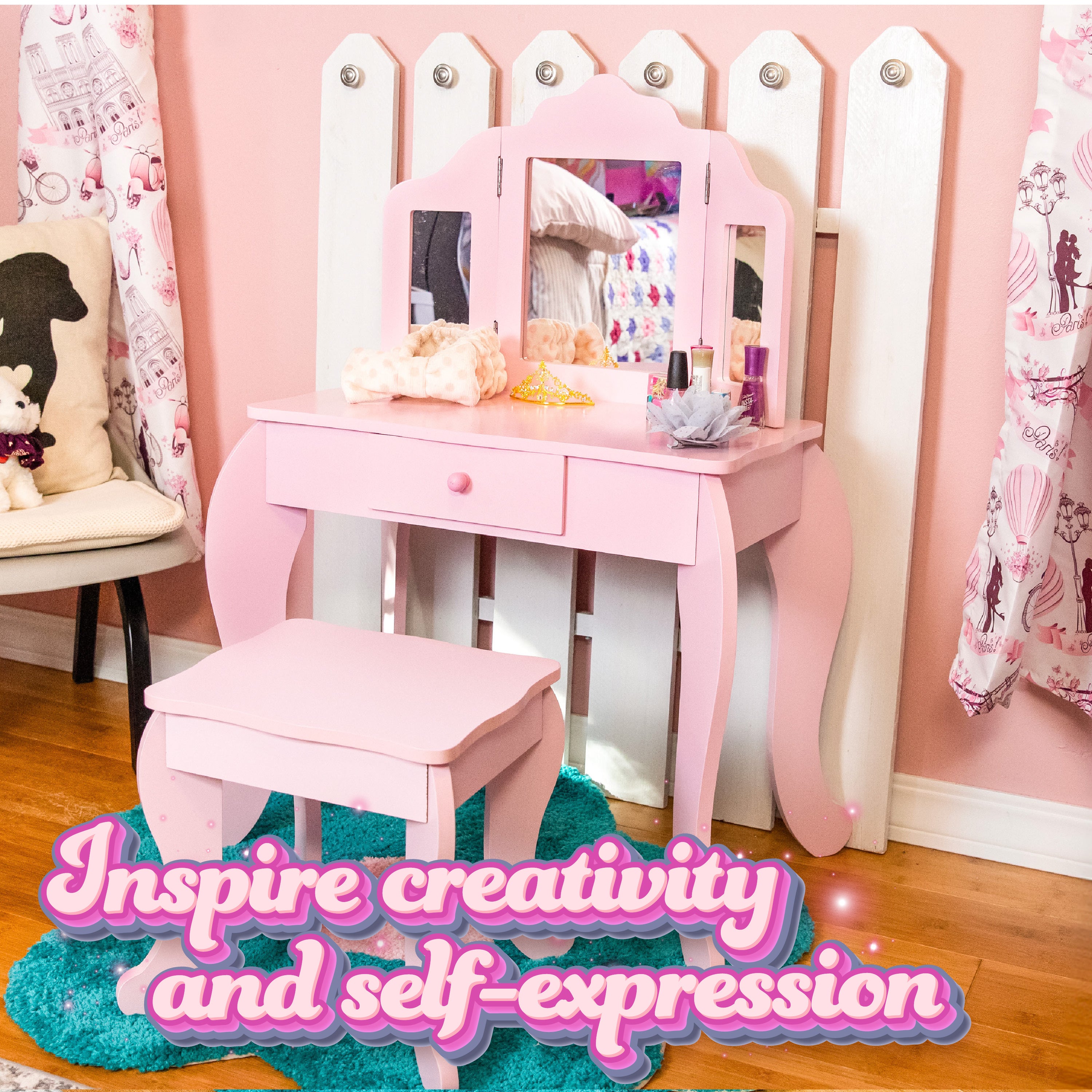 Sunnydaze Beauty Bliss Kids' Vanity Set with Mirror and Stool - Perfect for Pretend Play, Dress Up & Birthday Gifts for Girls