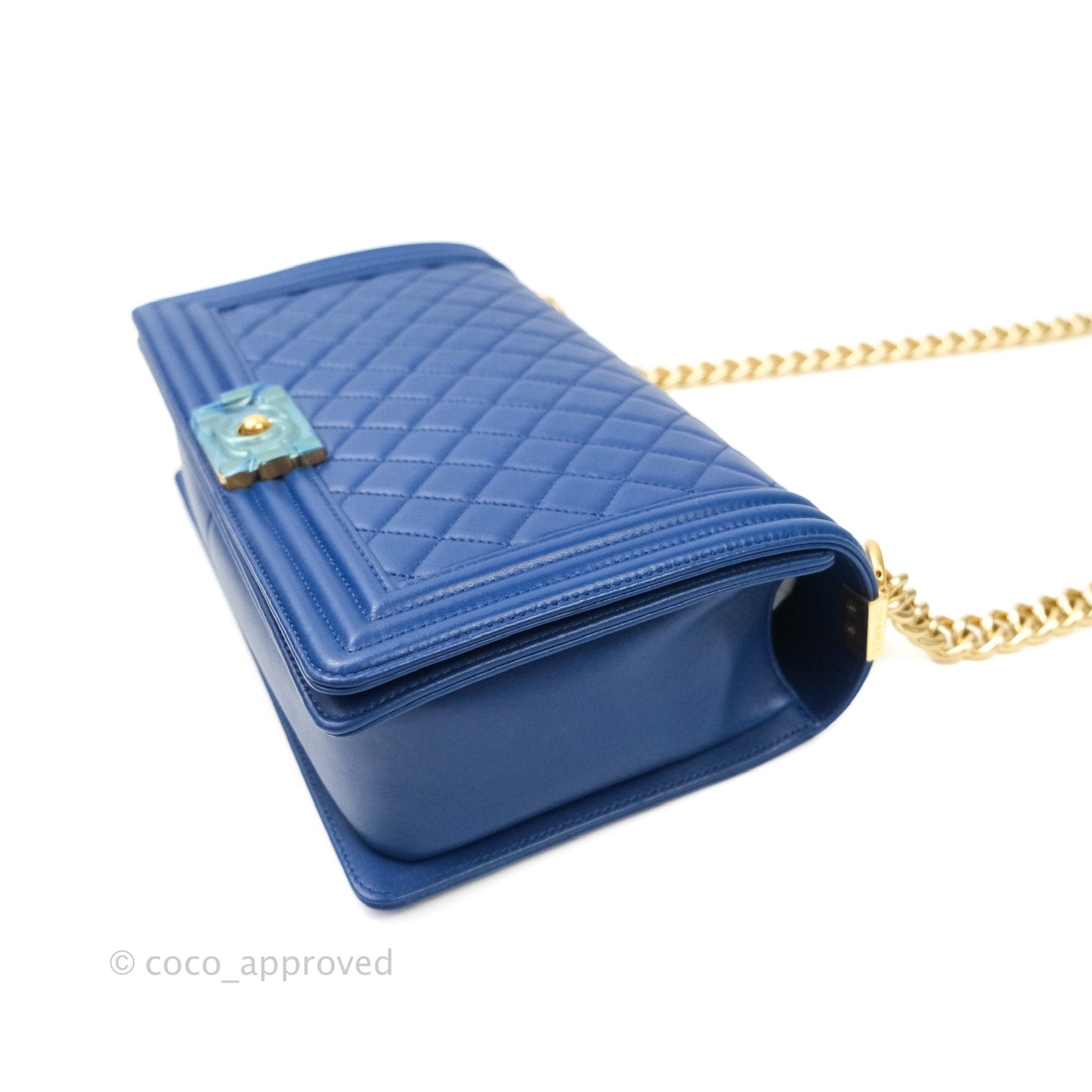 Chanel Boy New Medium Quilted Blue Lambskin Leather Bag with Aged Gold Hardware - Luxury Crossbody Purse for Women, Perfect for Date Night & Special Occasions