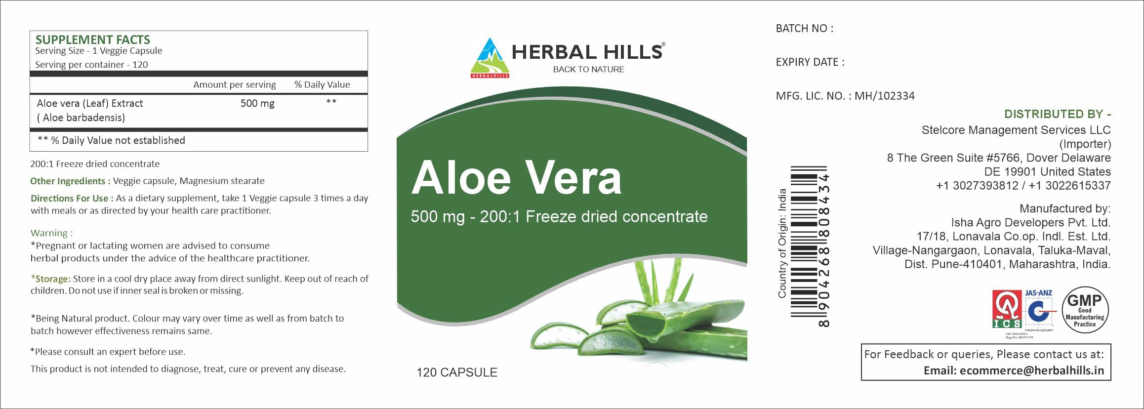 HERBAL HILLS Aloe Vera Capsules (Aloe barbadensis) | 120 Count (500mg Each) | Pure Freeze-Dried Aloe Powder Supplement for Digestive Health & Immune Support | High Potency Aloe Vera Extract for Skin Care, Detox & Overall Wellness | Vegan & Non-GMO