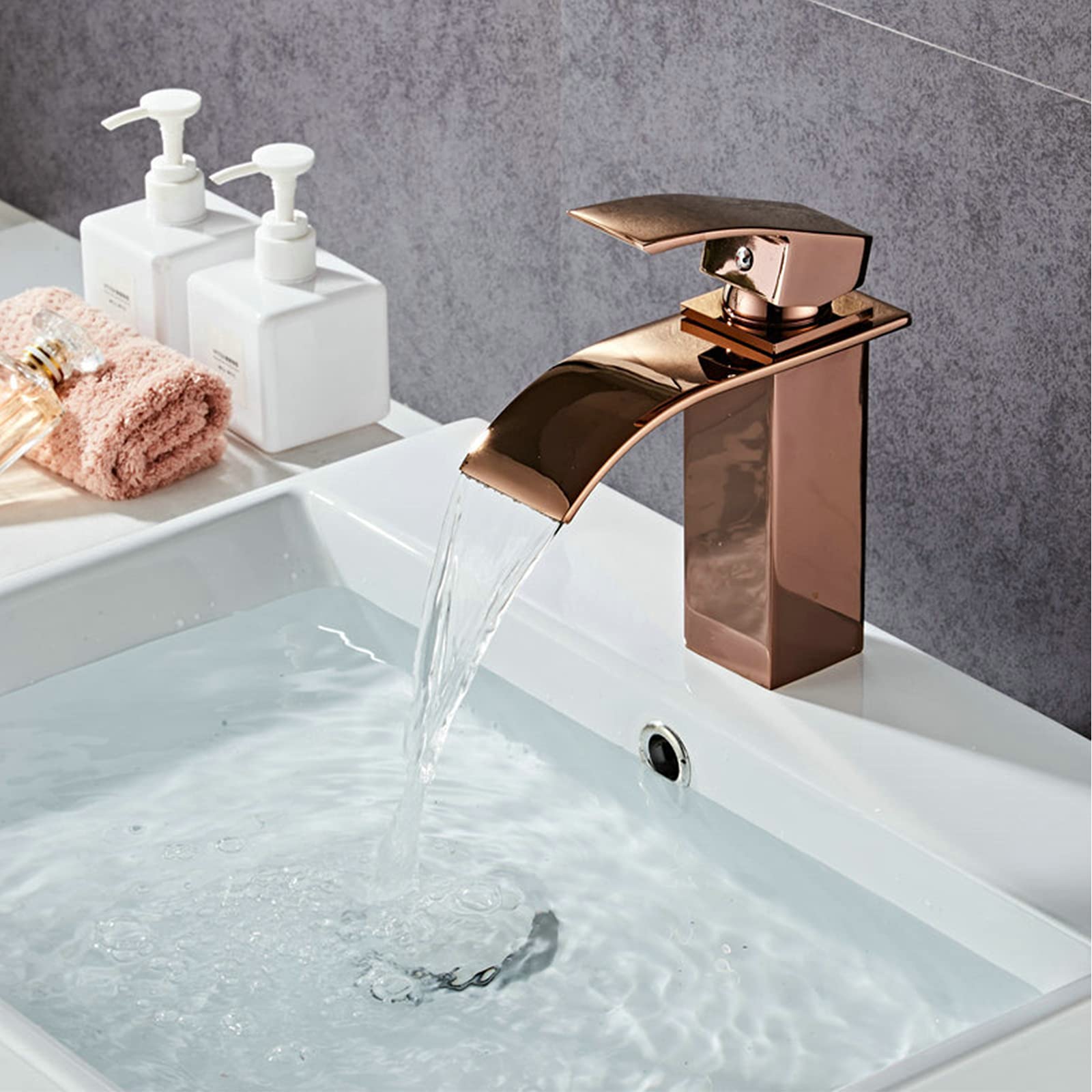 SHAUNI Wide Spout Waterfall Bathroom Sink Faucet - Single Hole Brass Vessel Faucet with Hot and Cold Water - Modern Rose Gold Bathroom Faucet for Vanity, Powder Room, and Guest Bathroom Decor