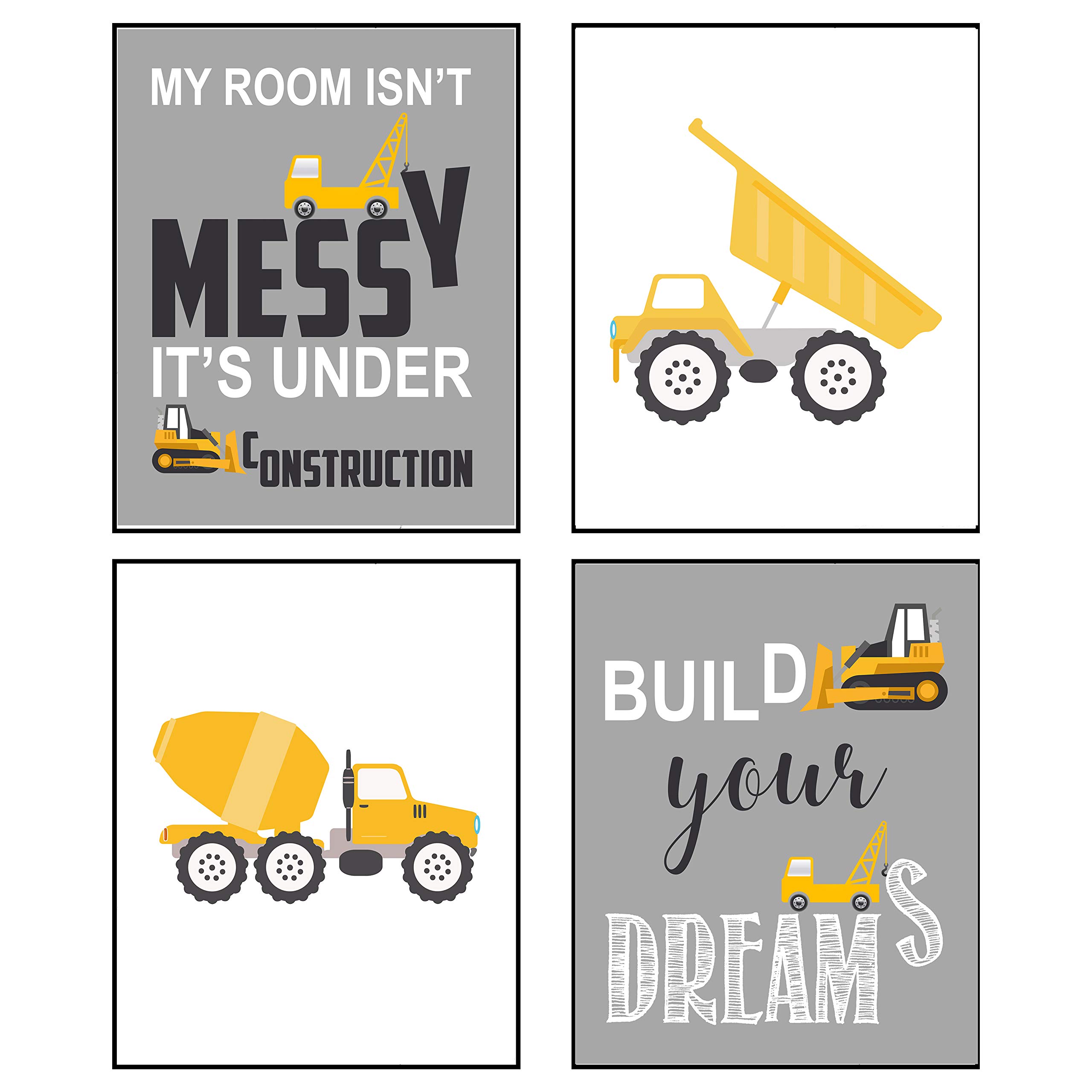 Grey Construction Truck Themed Art Prints - Set of 4 Frameless Wall Decor Posters | Silly Goose Gifts for Kids Room, Nursery, or Playroom Decoration