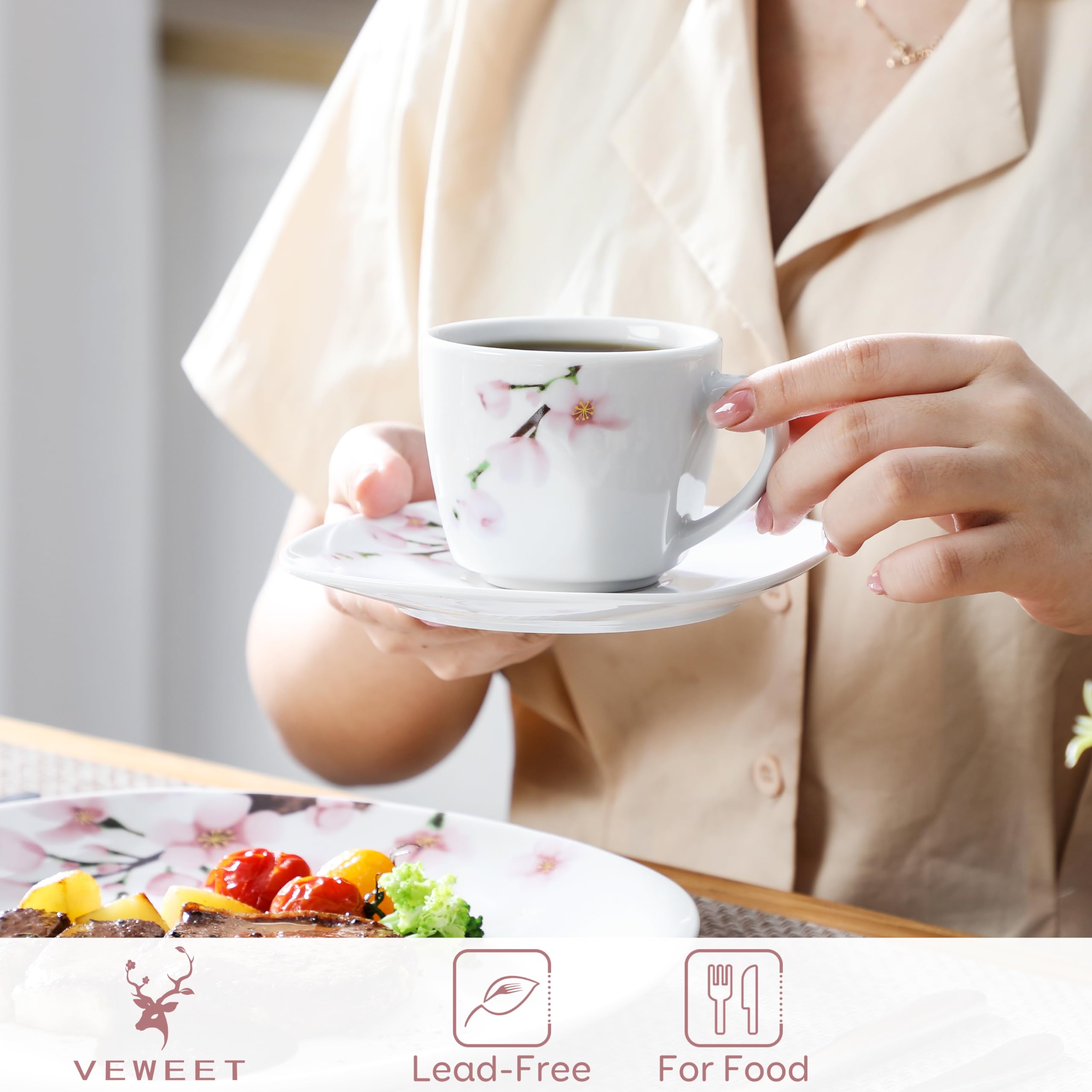 VEWEET Annie Series 30-Piece Porcelain Dinnerware Set for 6 - Elegant White with Pink Floral Design, Includes Dinner Plates, Dessert Plates, Soup Bowls, Cups & Saucers - Perfect for Family Dinners, Bridal Showers & Formal Dining