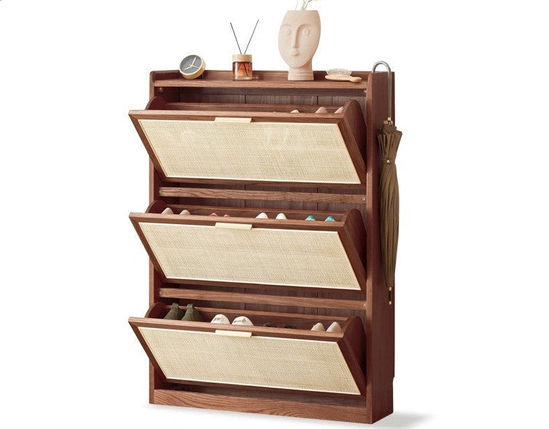 Oak Solid Wood Ultra Thin Flap Door Rattan Shoe Cabinet - Space Saving Entryway Storage Organizer for Hallway, Closet & Mudroom