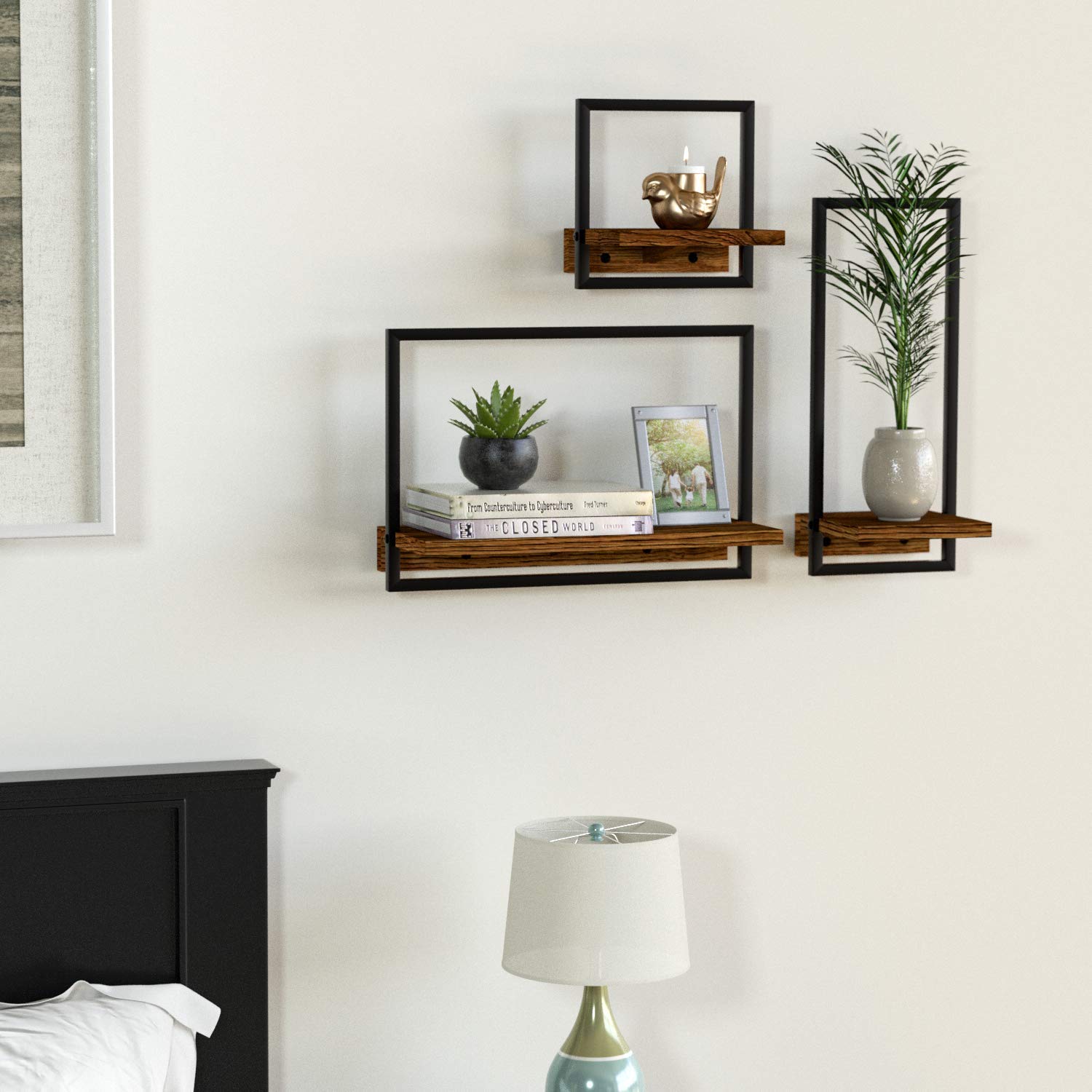 Rustic Wooden Floating Shelves with Metal Frame - Set of 3 Wall Mounted Display Shelves for Home Decor, Living Room, Bedroom, Office & Bathroom Organization - Perfect for Books, Plants, Photos and Decorative Items