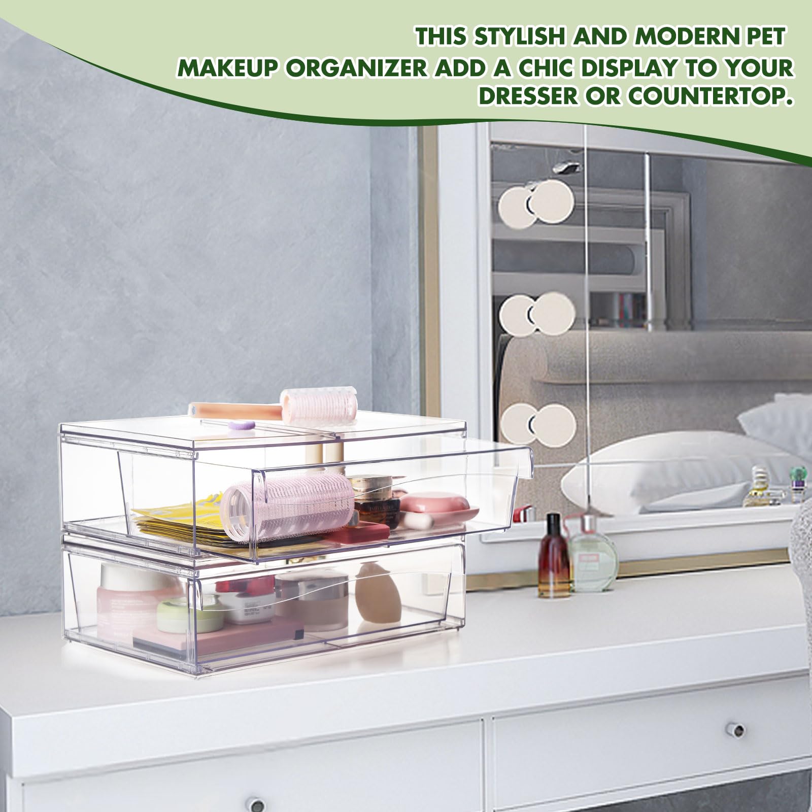 Clear Acrylic Makeup Organizer with 2 Drawers - Stackable Cosmetic Storage Box for Vanity, Bathroom & Desk - 3-Piece Set for Makeup Brushes, Skincare & Jewelry Organization