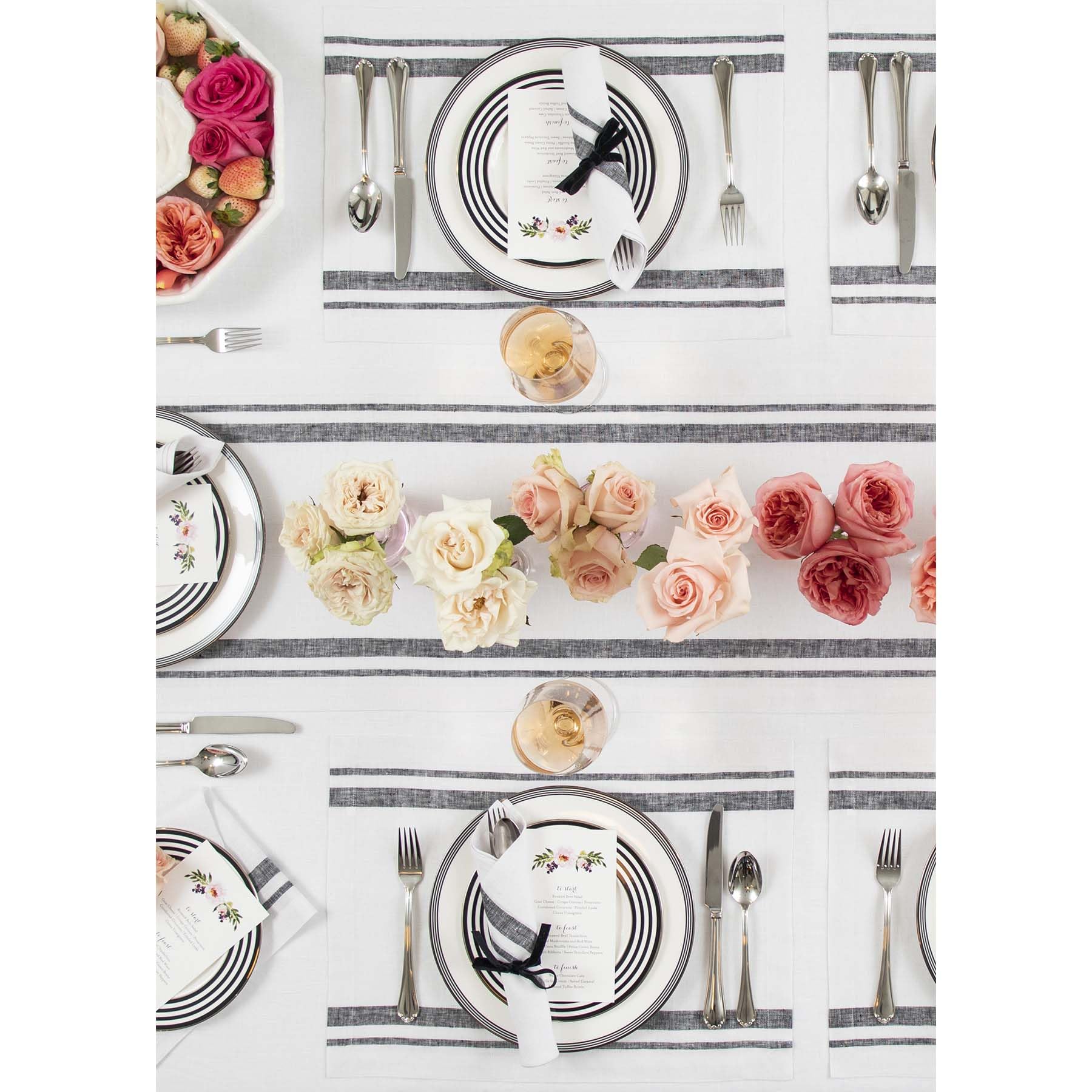 Solino Home French Stripe Linen Placemats Set of 4 - 14x19 Inch 100% Pure Black & White Washable Table Mats - Elegant Dining Decor for Spring, Easter, Mother's Day & Everyday Use
