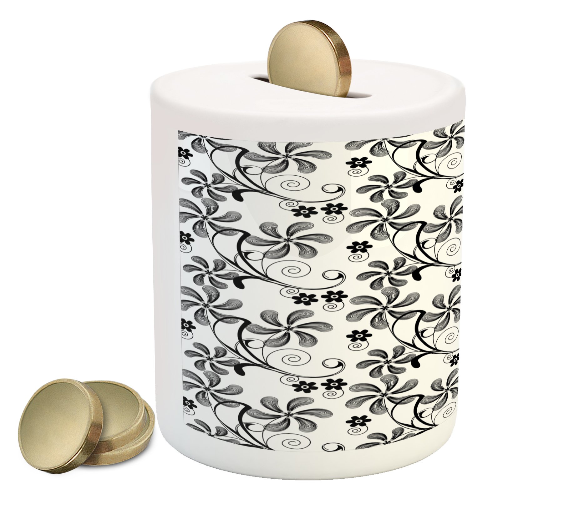 Ambesonne Floral Piggy Bank - Monochrome Doodle Style Ceramic Coin Bank with Blooming Plant Designs for Cash Savings | Perfect Gift for Kids, Teens & Home Decor (Black & White)