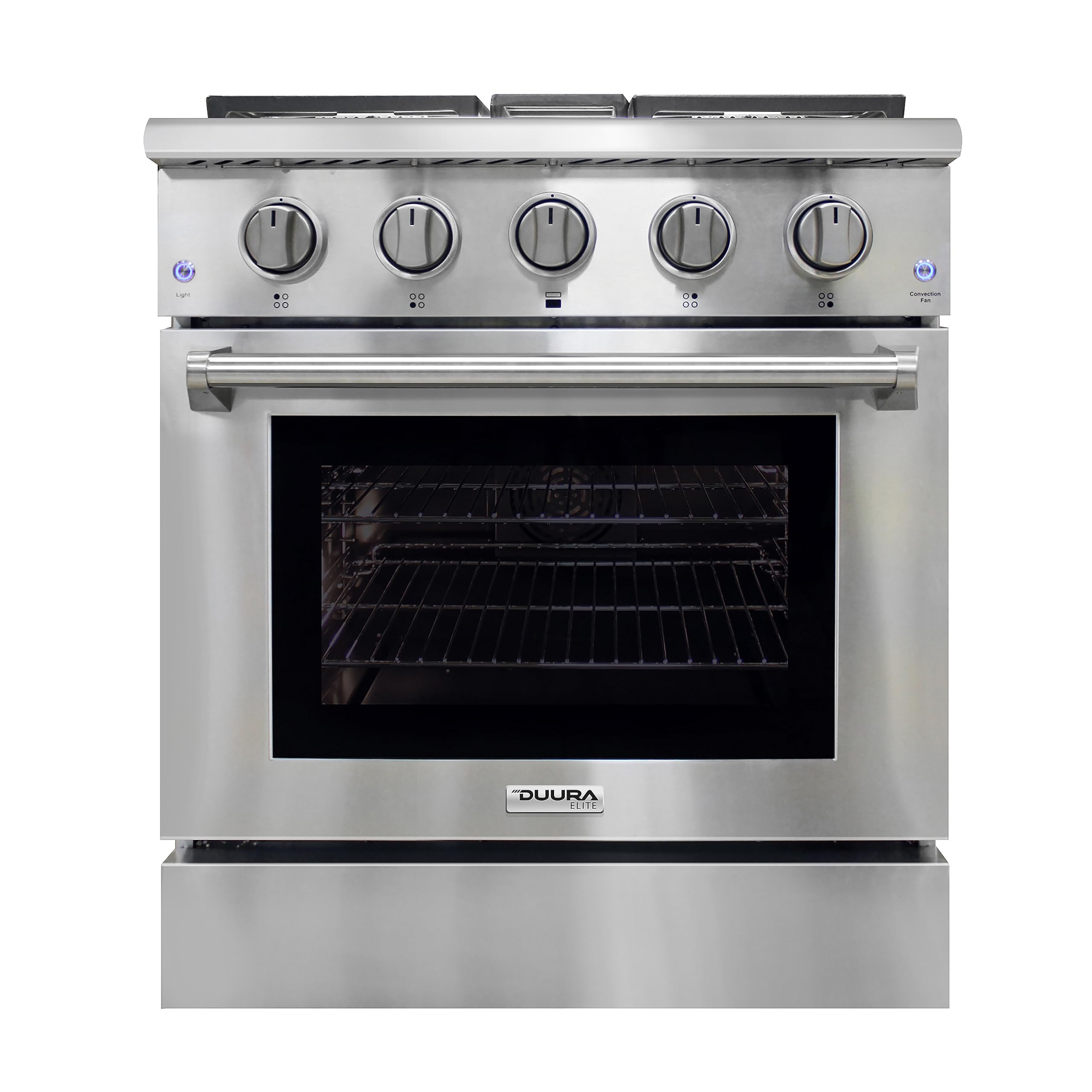 30-Inch DE300GRTSS Freestanding Gas Range with 4 Burner Cooktop, Porcelain Convection Oven & Broil Function - Continuous Stainless Steel Grates & Metallic Finish for Modern Kitchens | Perfect for Baking, Roasting & Family Cooking