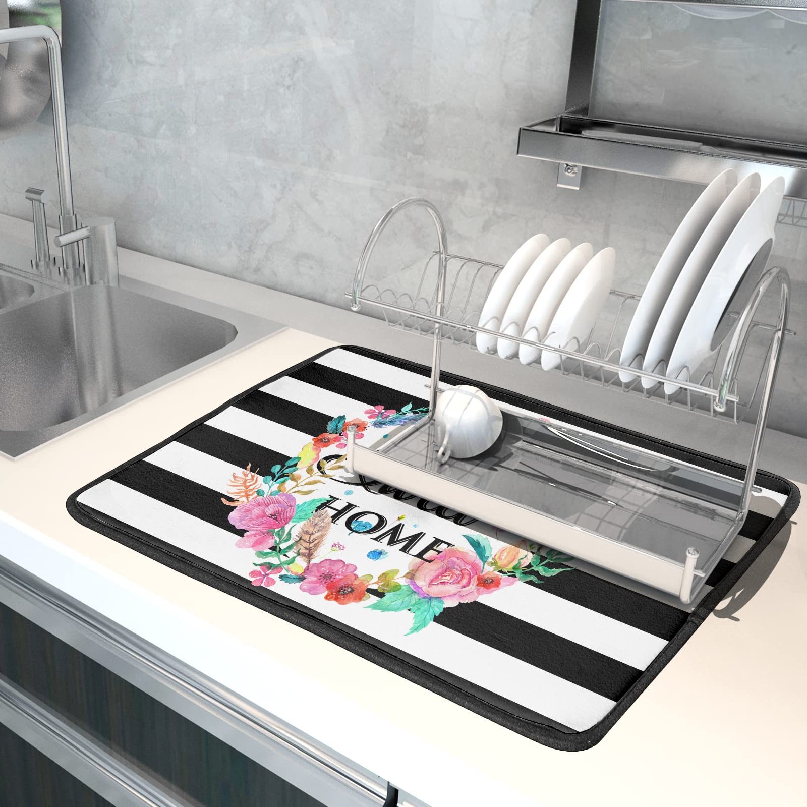 16x18 Inch White and Black Striped Dish Drying Mat - Absorbent Fast Dry Kitchen Accessories for Dishes, Utensils | Perfect for Kitchen Countertops, Sink Areas & Home Decor