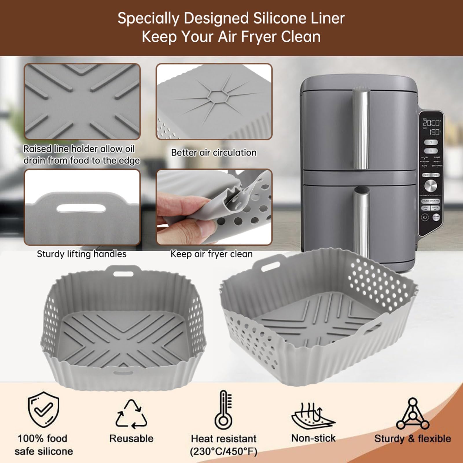 Reusable Silicone Air Fryer Liners 2Pcs with Oven Gloves - Non-Stick Square Air Fryer Basket Accessories for Ninja SL401/DZ201/DZ401/DZ550 - Perfect for Baking, Roasting & Healthy Cooking