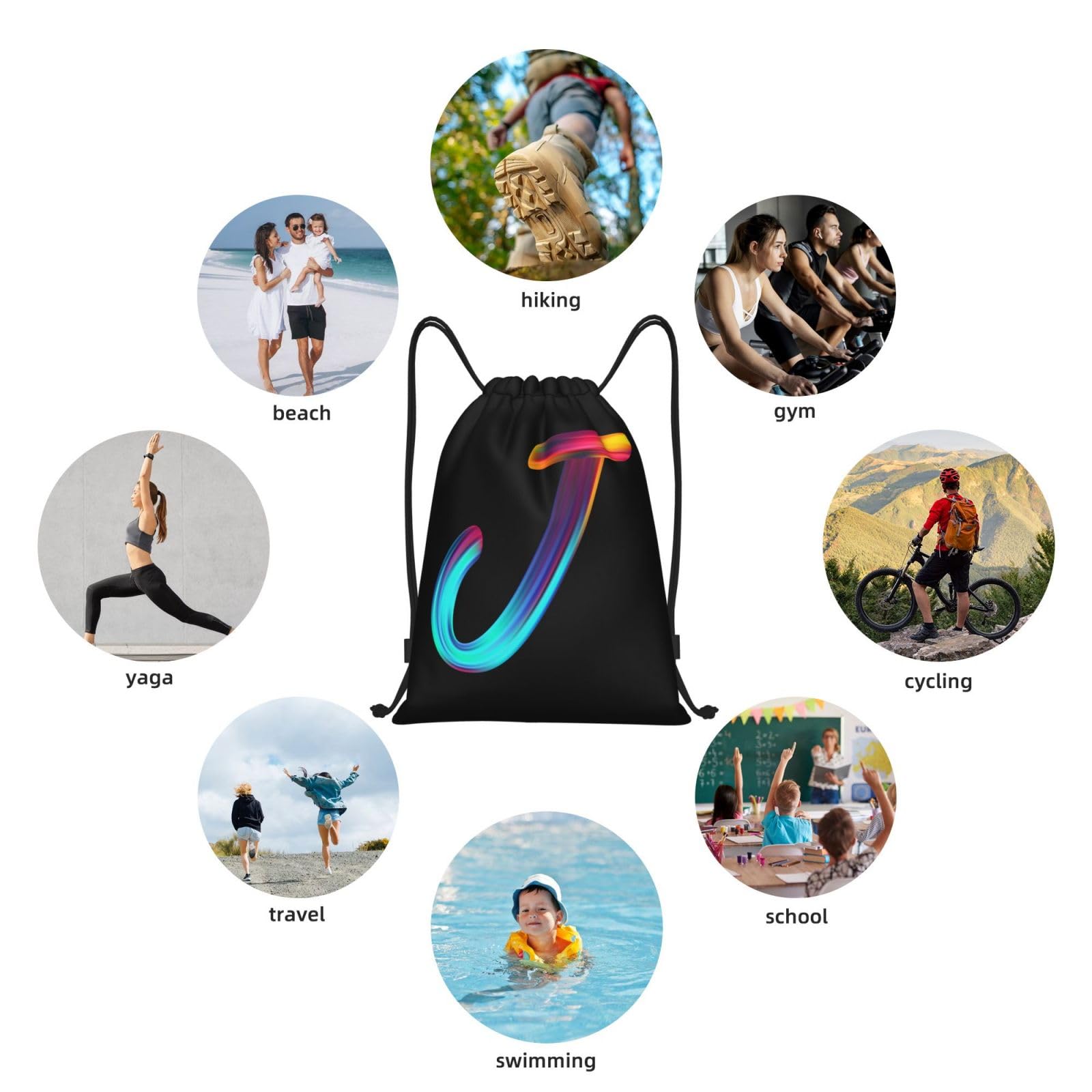 Personalized Initial Drawstring Backpack - Lightweight Black Cinch Sack for Gym, Sports, Travel & Outdoor Activities | Perfect for Swimming, Beach, Camping & School | Custom Rainbow Letter Design