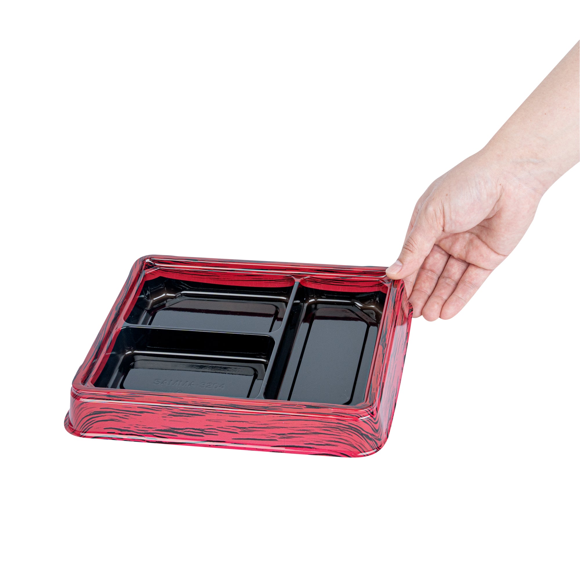 Bento Tek 16 oz Rectangle Red and Black Plastic Bento Box - 3 Compartments Lunch Container (8.75