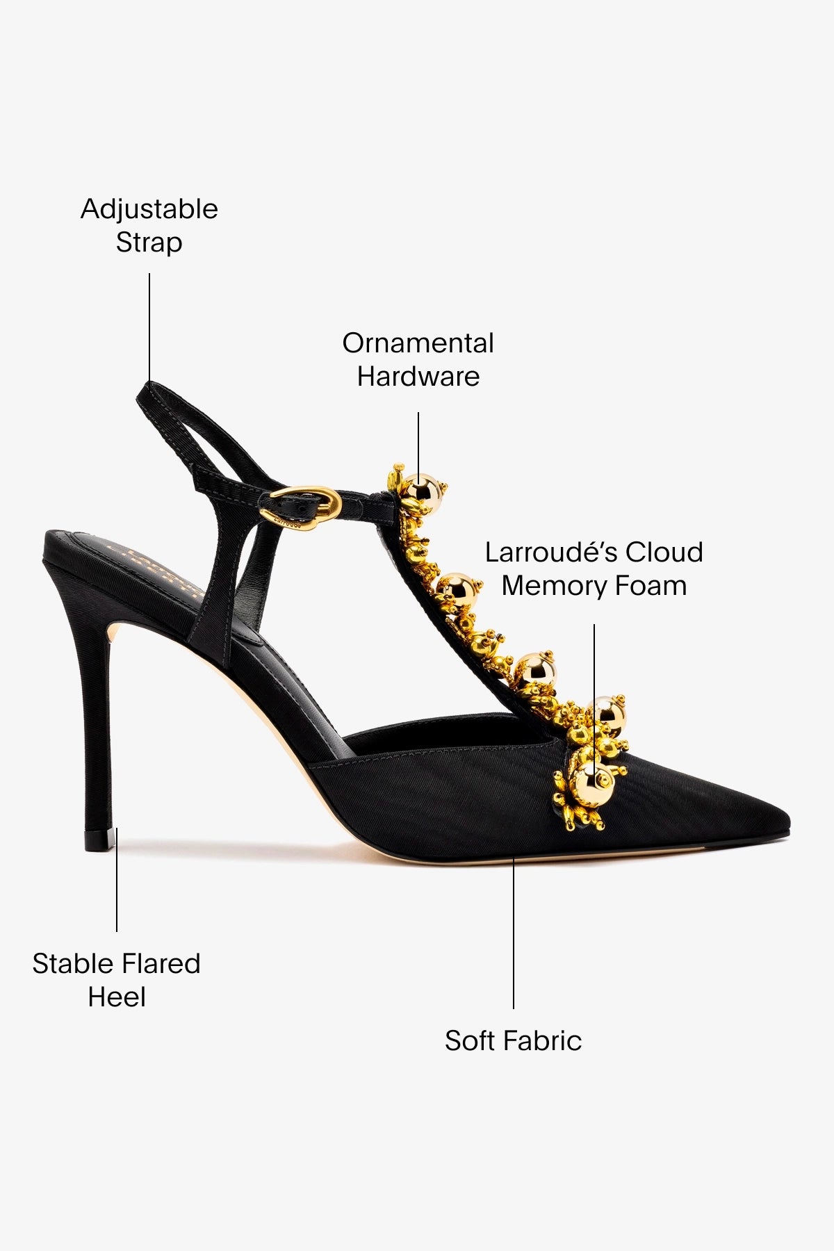 Larroudé x Libertine Black Fabric Pump with Golden Balls - Elegant Women's Heels for Parties, Weddings & Evening Events