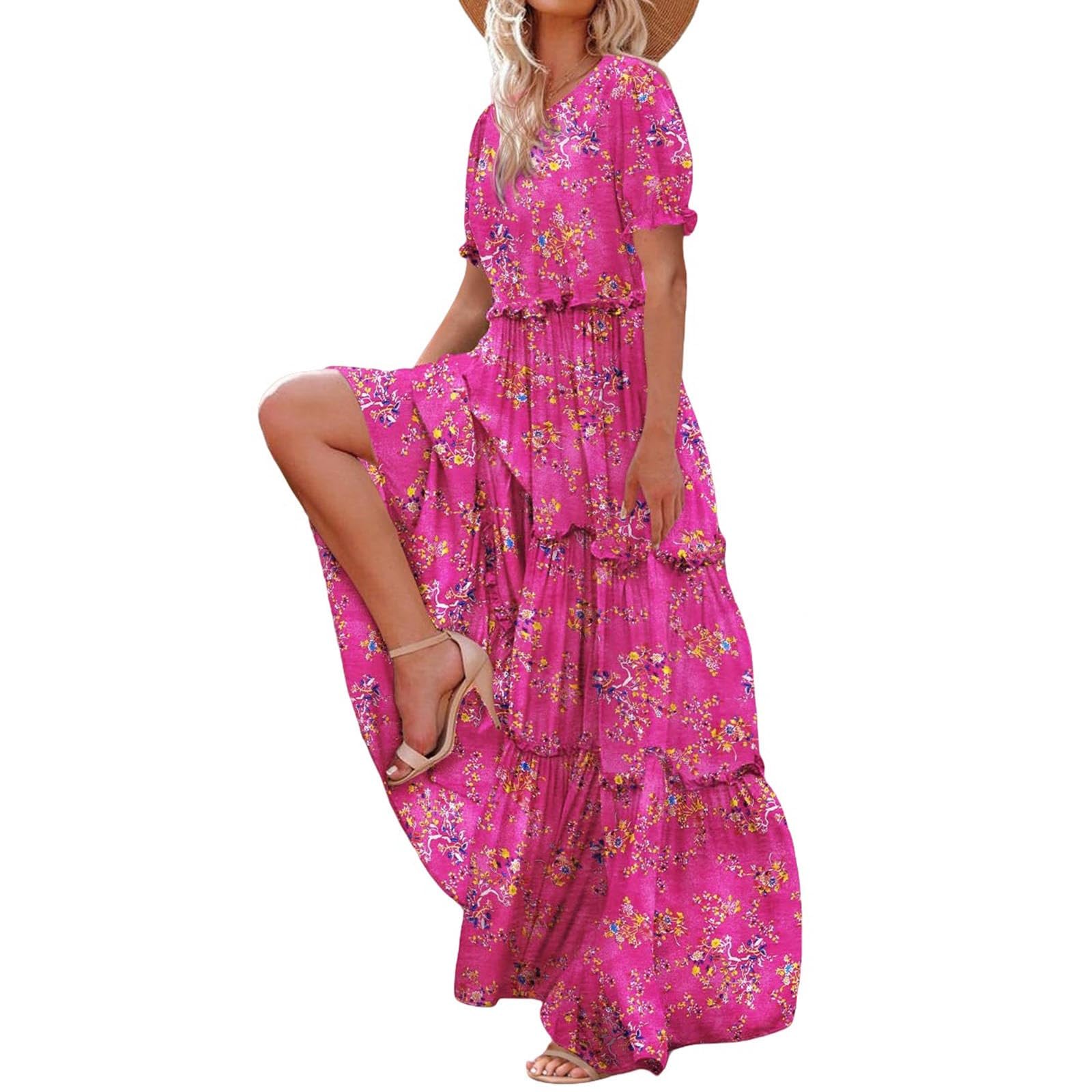 2024 Women's Boho Floral Maxi Dress - Loose Fit Crewneck Summer Dress with Ruffles & Graphic Print | Perfect for Vacation, Beach & Sun Outings