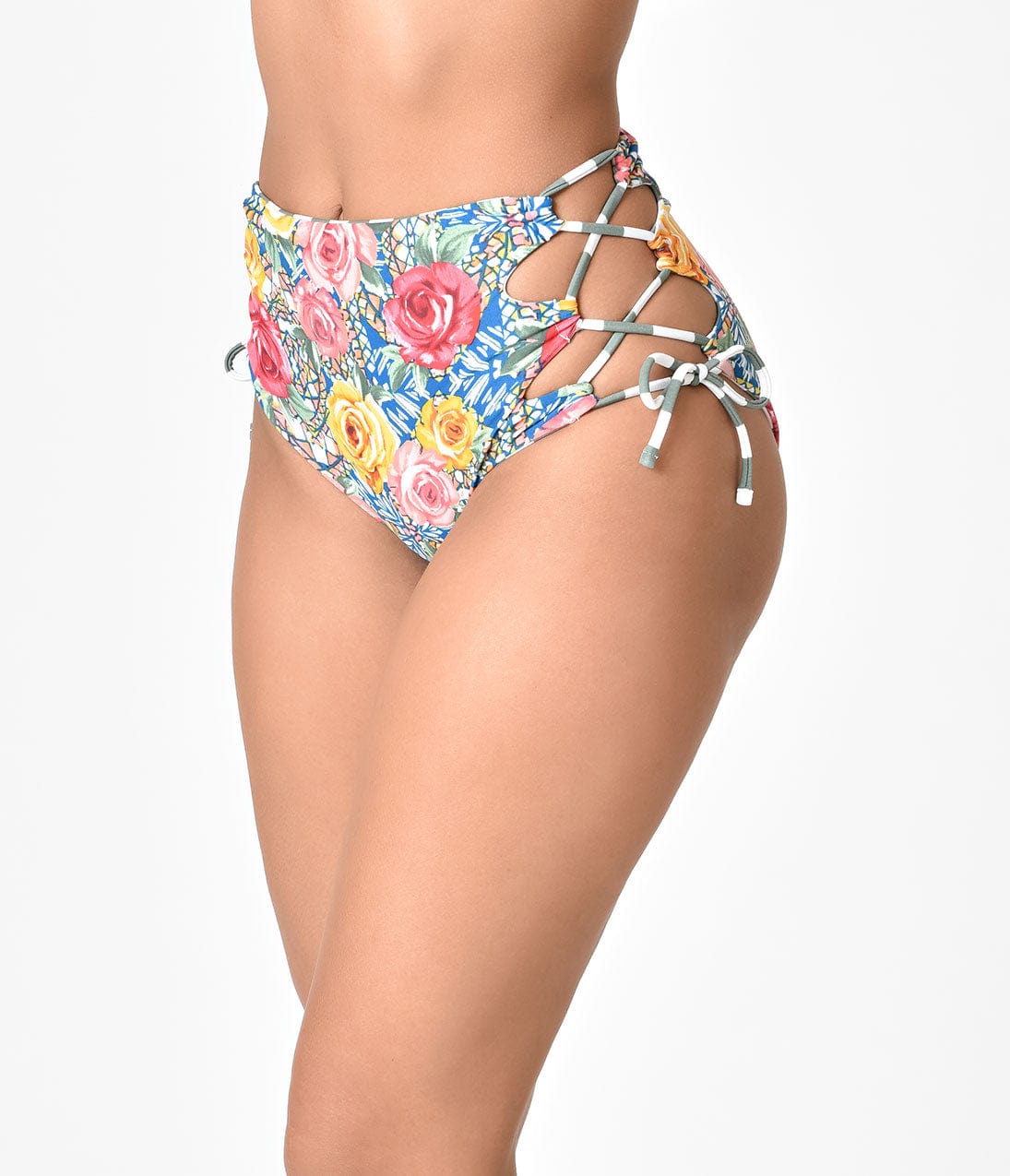 Reversible Swim Bottoms for Women - Multicolor Roses Mosaic & Green Stripe Bikini Bottoms | High Waisted Beach Swimwear | Perfect for Pool, Beach Vacation & Summer Water Activities