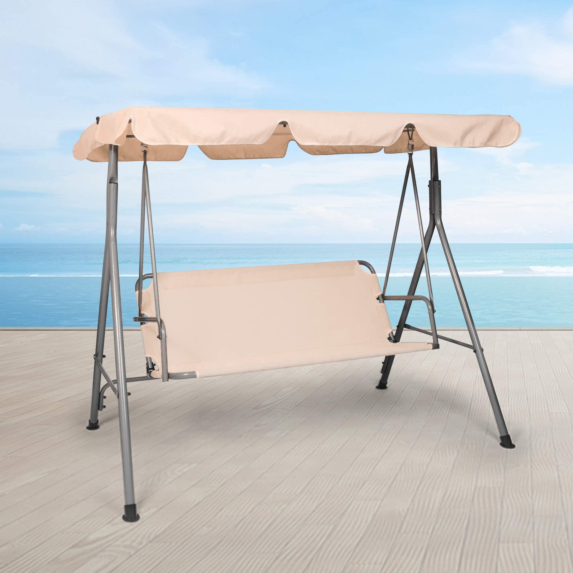 3-Person Outdoor Swing Chair with Adjustable Canopy - Heavy Duty Hammock Seats for Patio, Porch & Garden - Beige Color - Perfect for Relaxing in Backyard, Poolside or Outdoor Living Spaces
