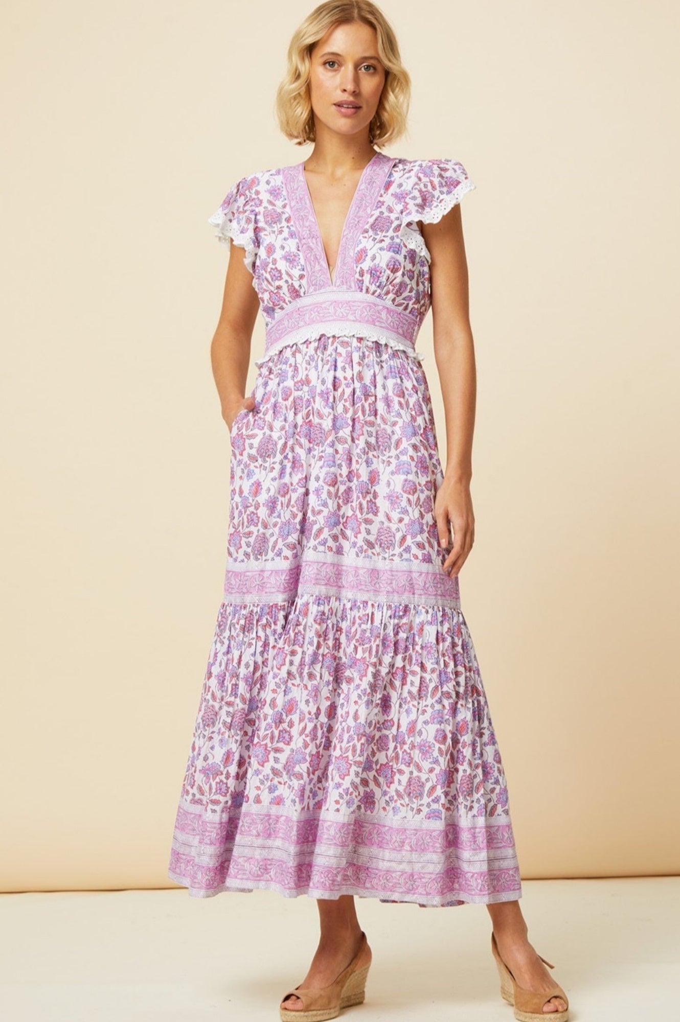 Pippa Block Print Dress | Garden Jaal Pink/White Floral Cotton Maxi Dress for Women | Perfect for Summer Vacations, Beach Outings & Boho Parties