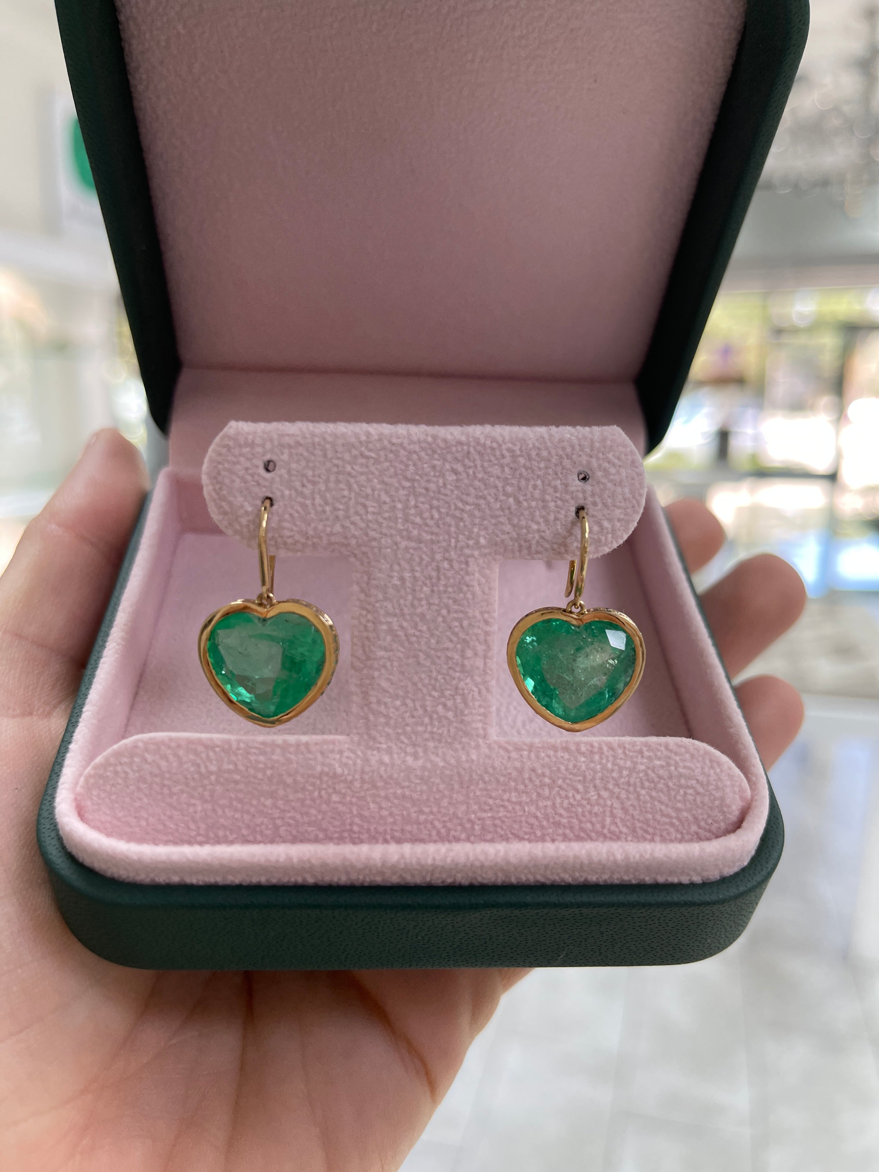17.40tcw Bubbly Colombian Emerald Heart Dangle Earrings with Ombre Diamond & Emerald Bezel in 18K Gold – Elegant Jewelry for Weddings, Parties & Special Occasions