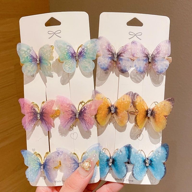 NEOBABY 3D Colorful Organza Butterfly Hair Clips - Glitter Hair Accessories with Moving Wings - Strong Hold Hair Barrettes & Pins (12-Pack, Assorted Colors) for Girls, Women, Bridal & Party Hairstyles