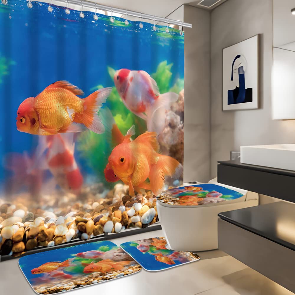 4-Piece Aquarium Shower Curtain Set with Underwater Fish Design, 20x31 Inch Bath Mat, U-Shaped Contour, Toilet Lid Cover & Hooks - 72x72 Inch Bathroom Decor for Ocean & Fish Theme - Perfect for Kids' Bathrooms, Beach Houses & Aquatic-Themed Decor