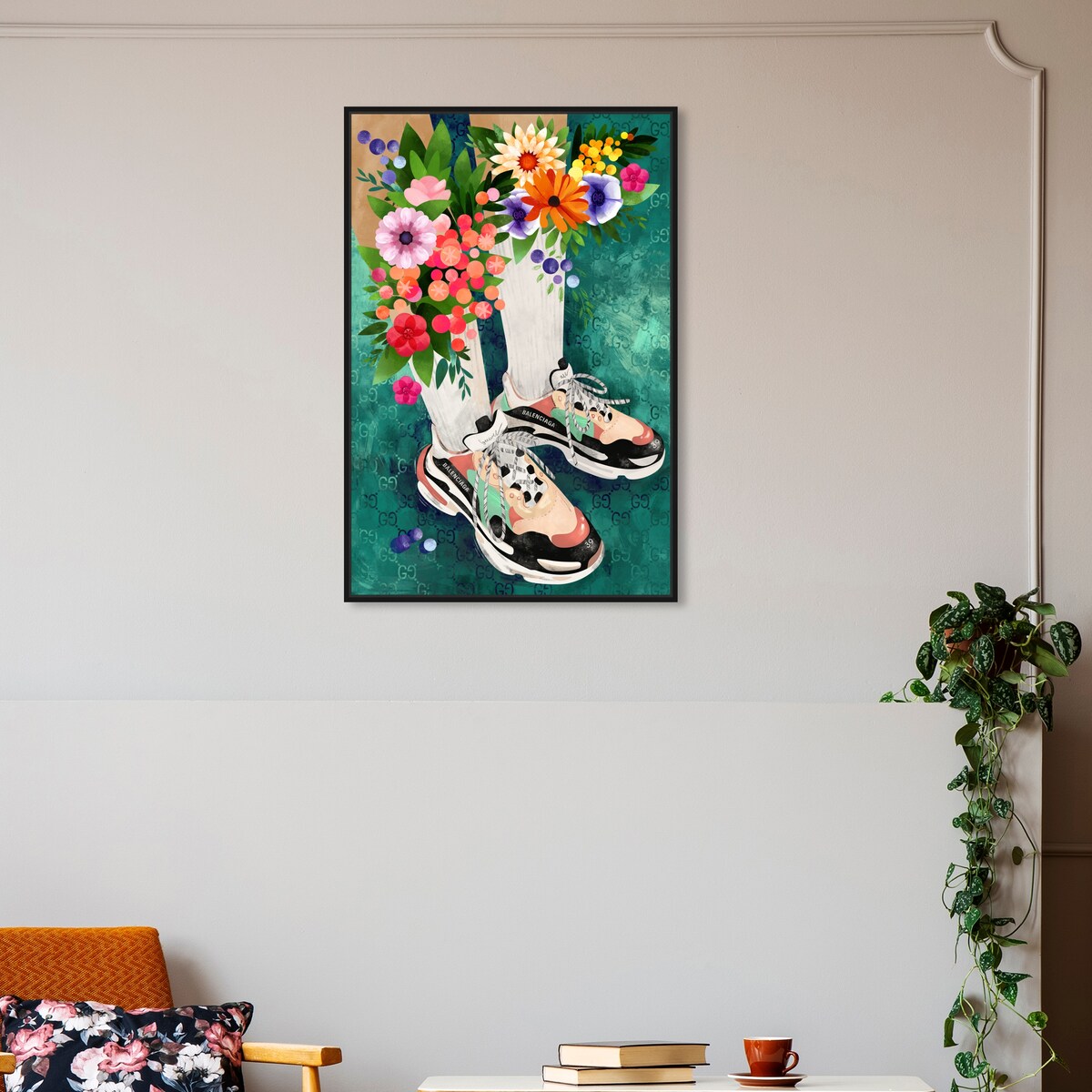 Stylish Floral Sneakers & Socks Set with Modern Green Framed Canvas Wall Art - Perfect for Bedroom Decor and Fashion Outfits | Home & Fashion Combo