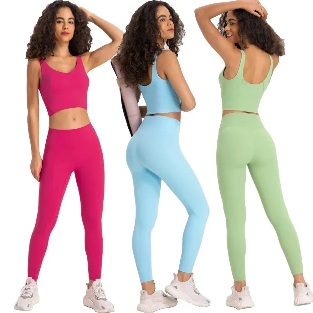 Women's 2-Piece Stretch Nylon Spandex Workout Outfit - Padded Crop Tank Bra & High Waist Yoga Leggings Set for Gym, Running & Yoga | Comfortable Tracksuit for Fitness & Active Lifestyle