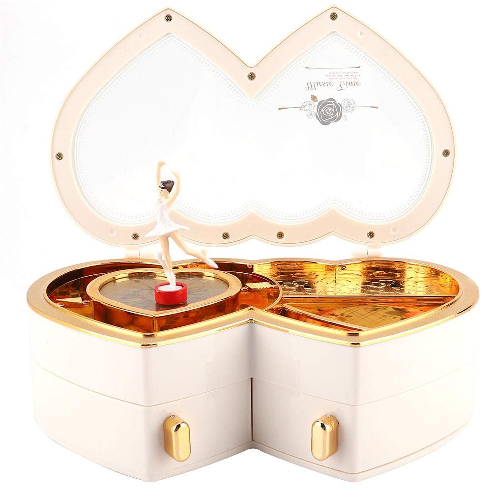 Elegant White Double Heart Ballerina Music Box with Jewelry Storage - Perfect Gift for Little Girls, Birthday & Wedding Favors - Play Melodies & Organize Small Treasures