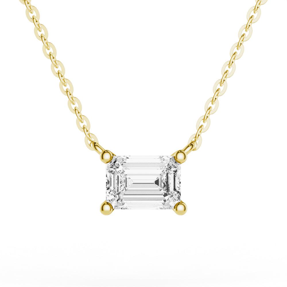 East West Emerald Cut Moissanite Solitaire Necklace - Elegant 14K Gold Pendant for Women | Perfect for Weddings, Anniversaries & Special Occasions