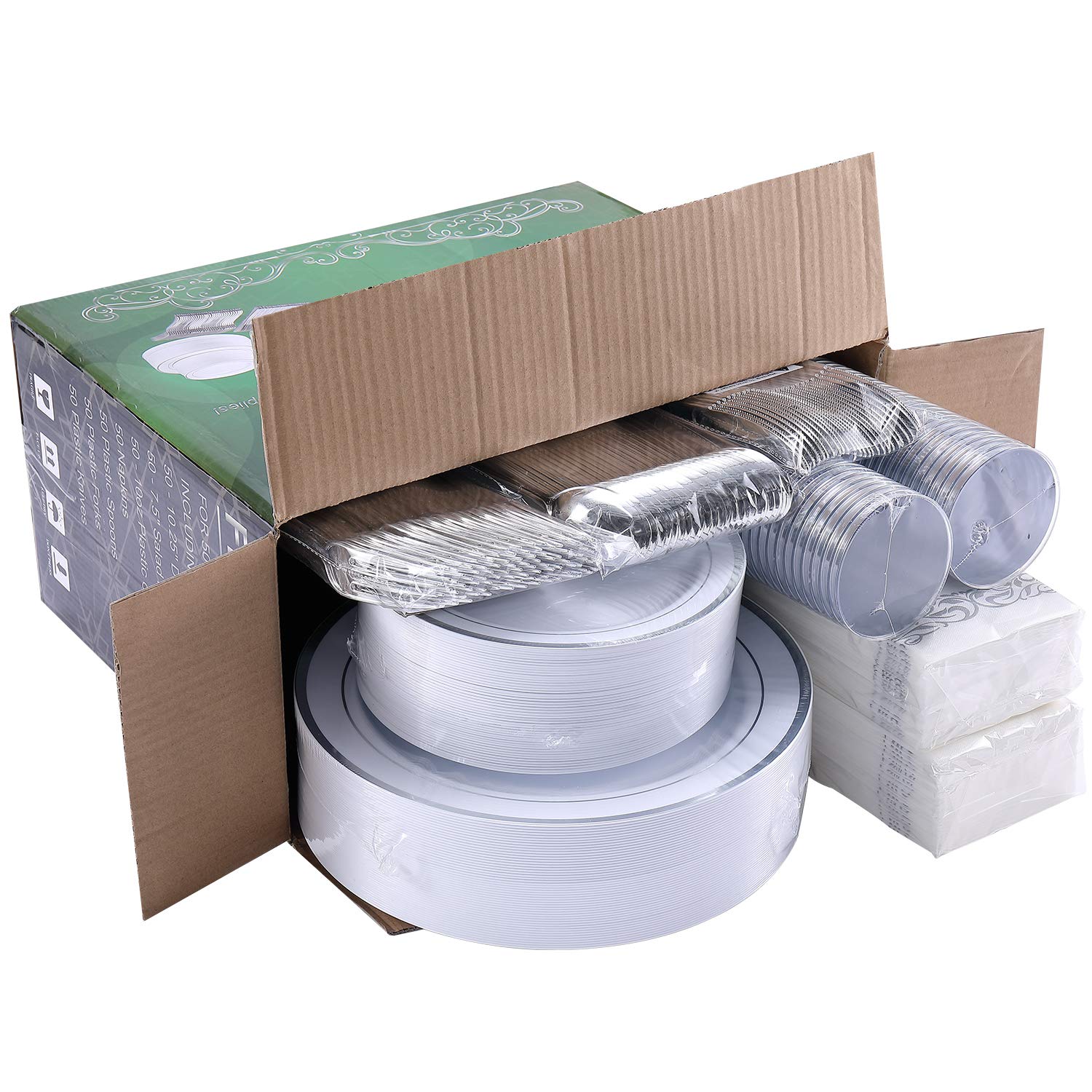 FOCUSLINE 350 Silver & White Heavy Duty Disposable Dinnerware Set for 50 Guests - 50 Dinner Plates, 50 Dessert Plates, 50 Cups, 50 Napkins & 50 Silverware Utensils - Perfect for Weddings, Parties, Catering & Large Events