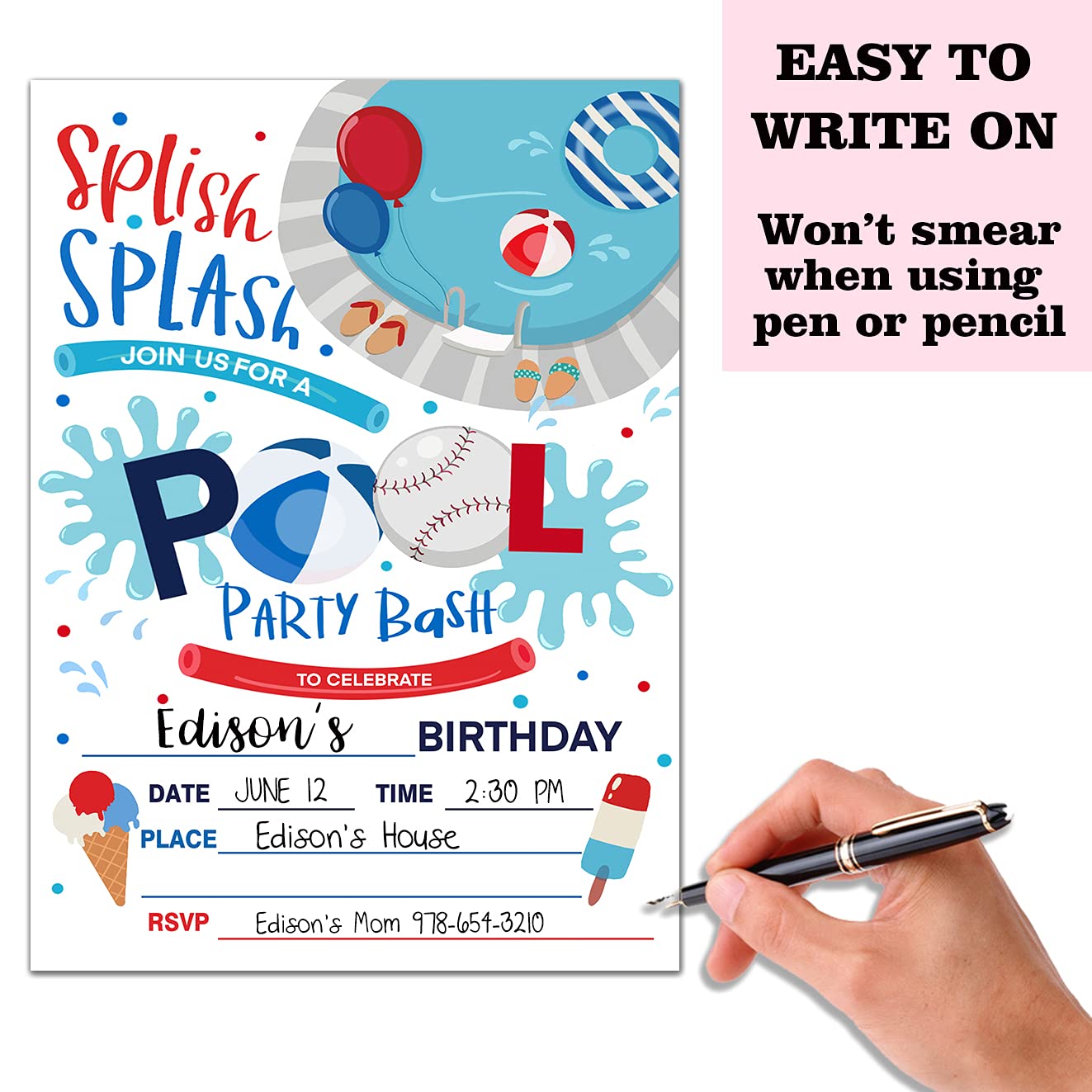 Swimming Pool Birthday Party Invitation Cards - 20 Count with Envelopes | Splish Splash Pool Party Supplies, Water Bouncing Ball Theme | Perfect for Kids' Summer Birthday Celebrations, Pool Parties & Backyard Bash Events