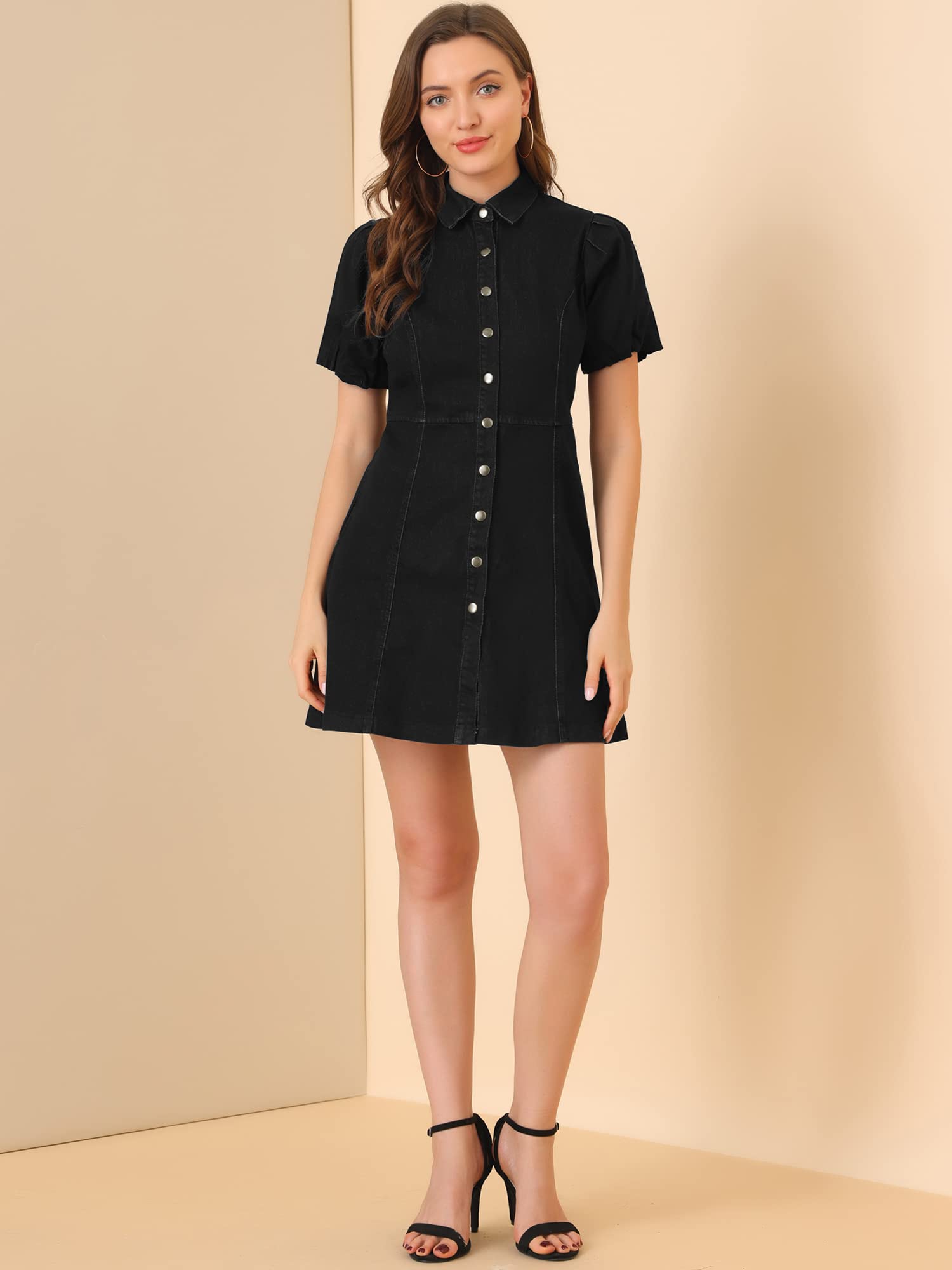 Allegra K Women's Denim Dress with Button Down Pockets, Puff Sleeves & Collar - Casual Jean Dress for Spring Summer Outfits, Date Night & Office Wear