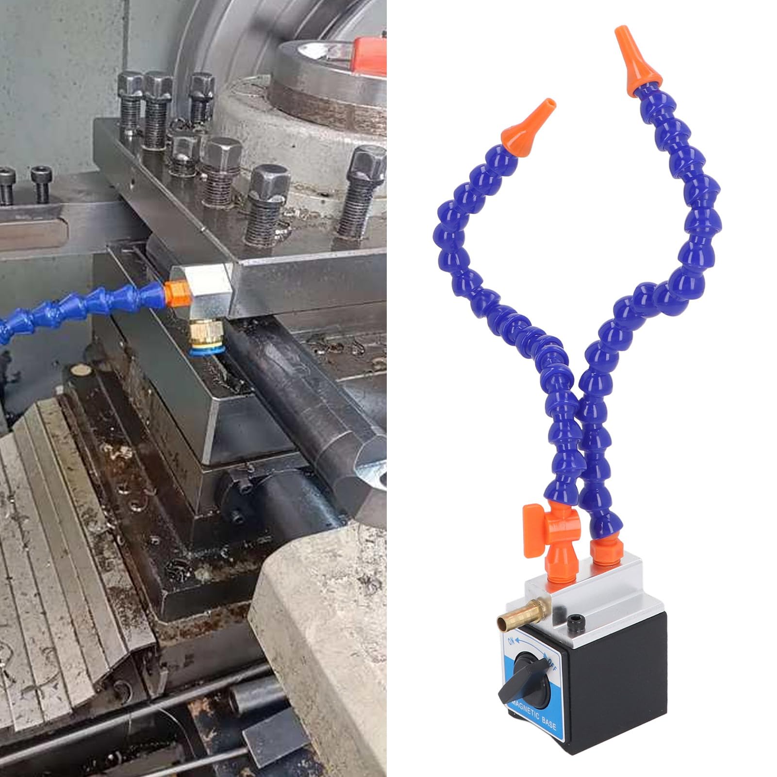Adjustable Magnetic Base Holder with Flexible Coolant Pipe - 2 Hole Magnetic Switch Base for Oil Injector - Perfect for CNC Machines, Lathes, and Industrial Equipment Maintenance