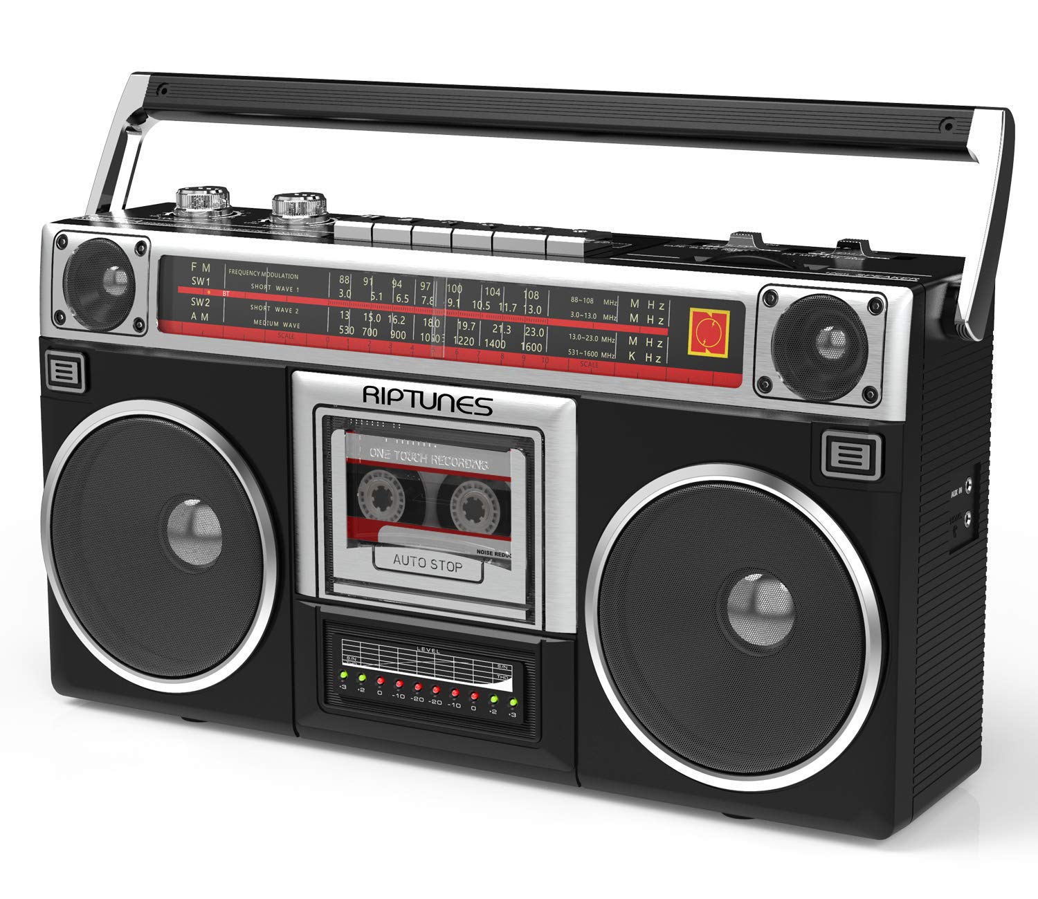Riptunes Boombox Radio Cassette Player Recorder - AM/FM/SW1/SW2 Wireless Stereo with Bluetooth, USB/Micro SD/AUX Input, Headphone Jack - 80s Retro Style Black for Home, Office, Parties & Outdoor Activities