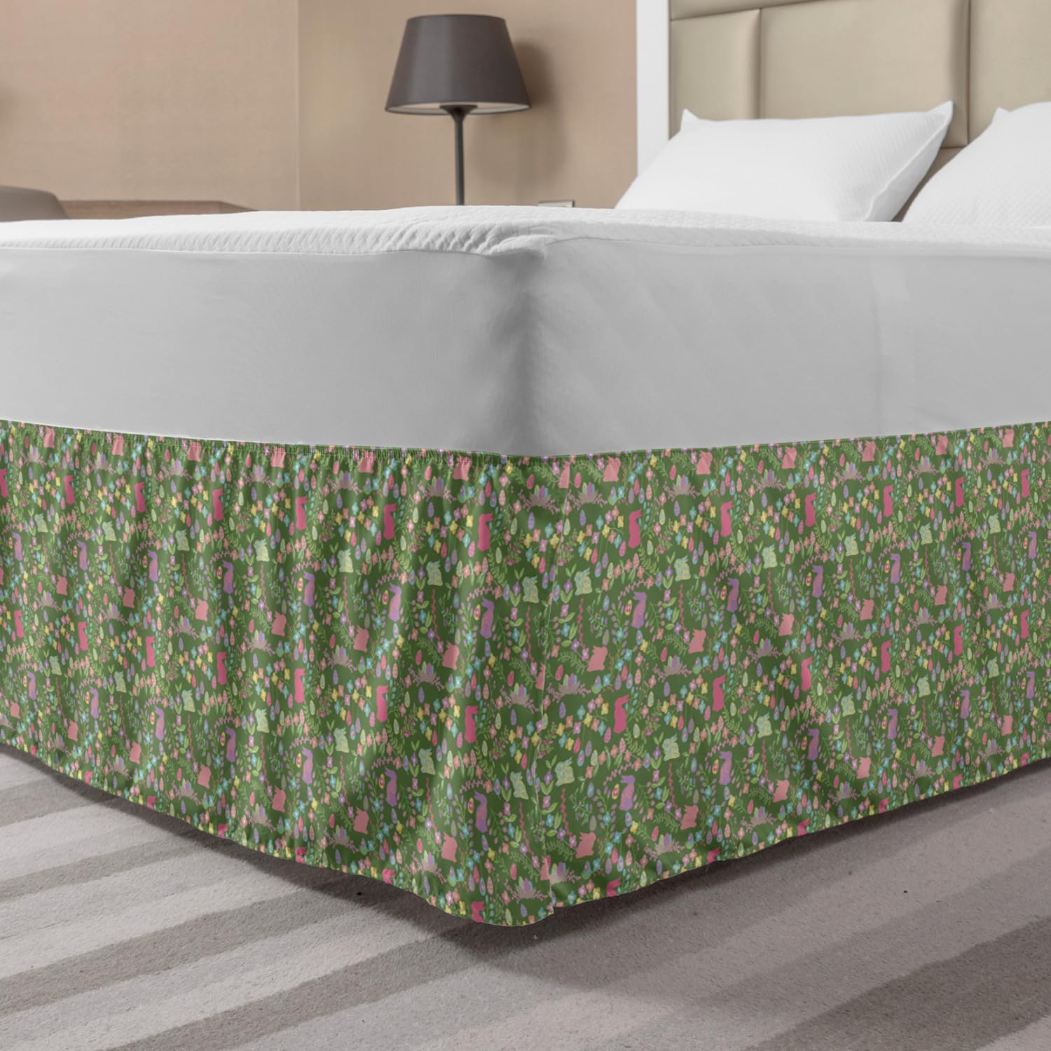 Ambesonne Easter Bed Skirt - Pastel Floral with Eggs & Rabbits Design, Elastic Wrap Around Gathered Bedroom Decor for King Size Beds, Reseda Green Multicolor - Perfect for Spring Decor & Holiday Home Styling