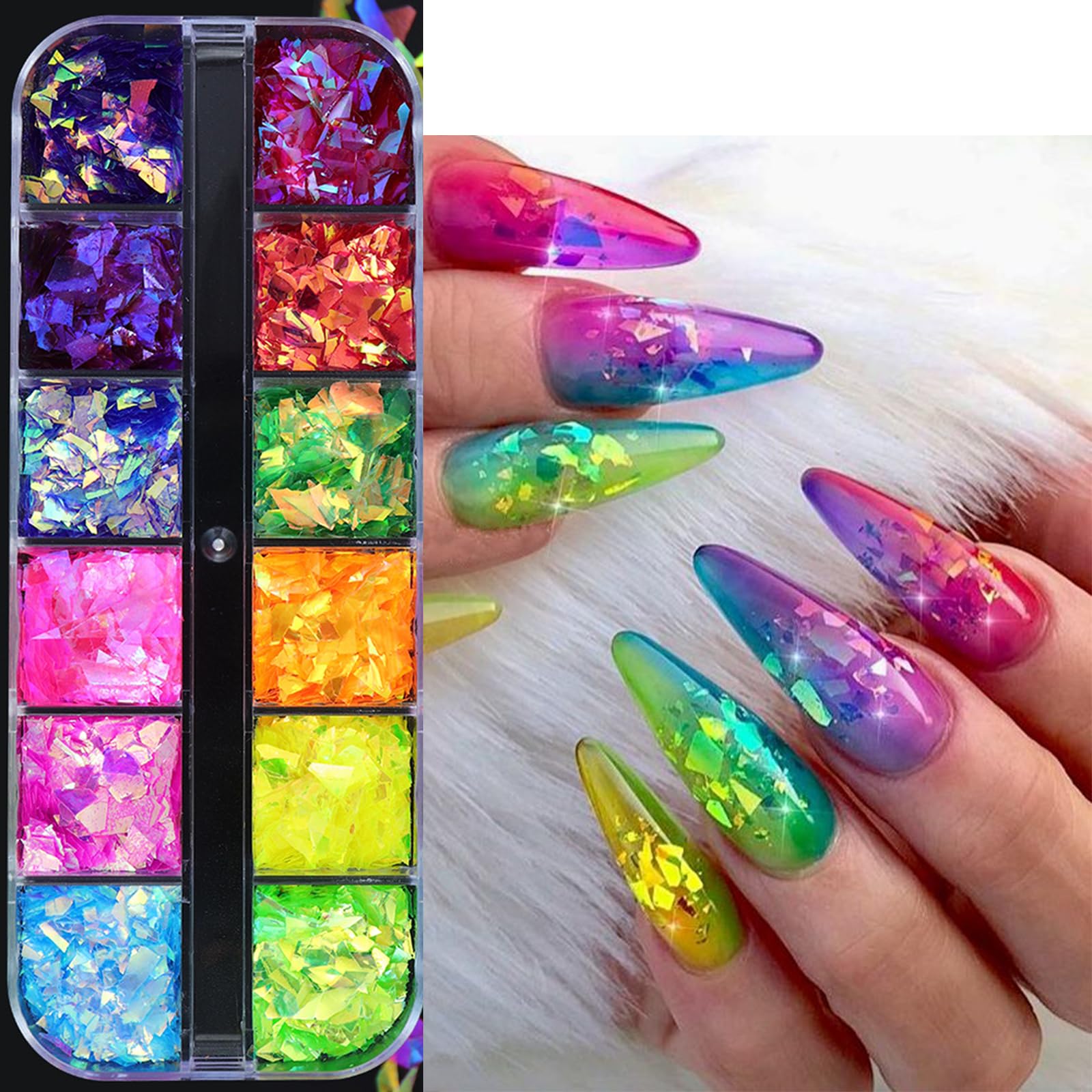 12Grids Holographic Mermaid Nail Glitter - Rainbow Candy Color Nail Art Flakes, Metallic Foil Sequins for DIY Nail Decoration - Perfect for Summer Manicures, Gradient Bright Ice Slag Nail Designs & Party Nail Art