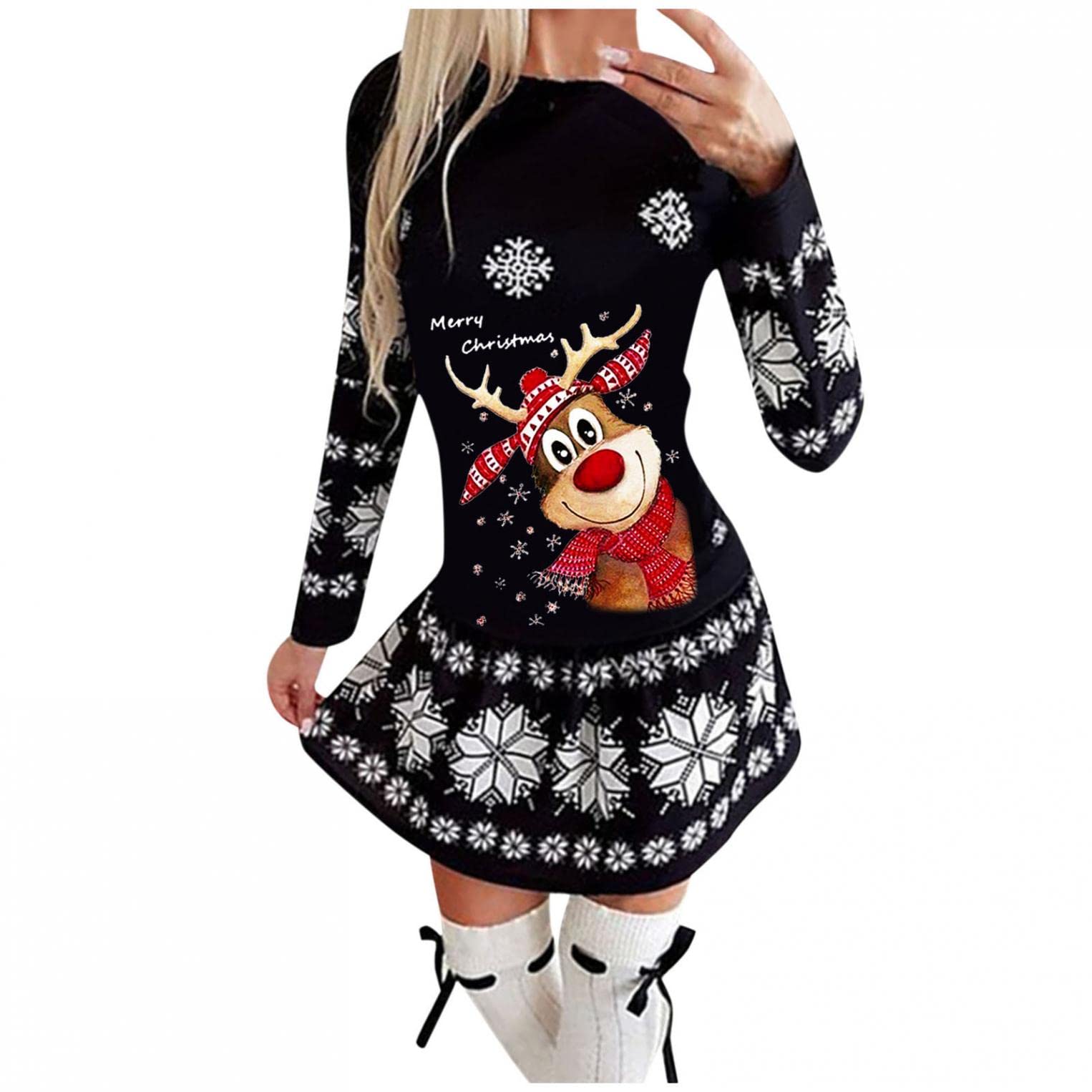 Festive Christmas Dresses for Women - Long Sleeve Holiday Party Dresses with Cute Elk Graphic Print, Perfect for Xmas Parties, Homecoming & Winter Gatherings