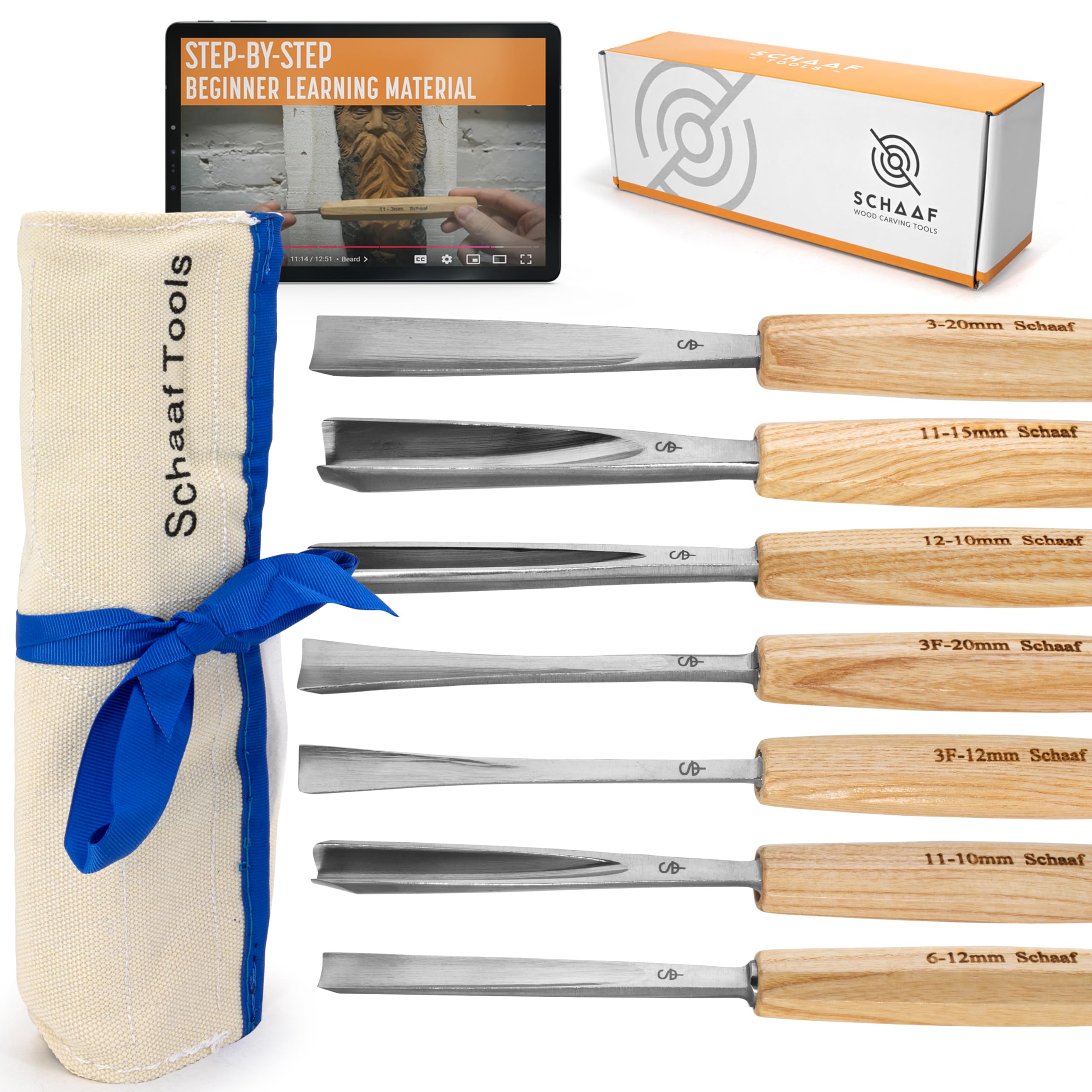 Premium Wood Carving Tools Set - 7 Hand-Sharpened Chisels & Gouges with Canvas Case | CR-V 60 Steel Blades for Professional Woodworking | Perfect for Beginners & DIY Projects | Schaaf Tools | Ideal for Furniture Making, Sculpting & Home Decor Crafts
