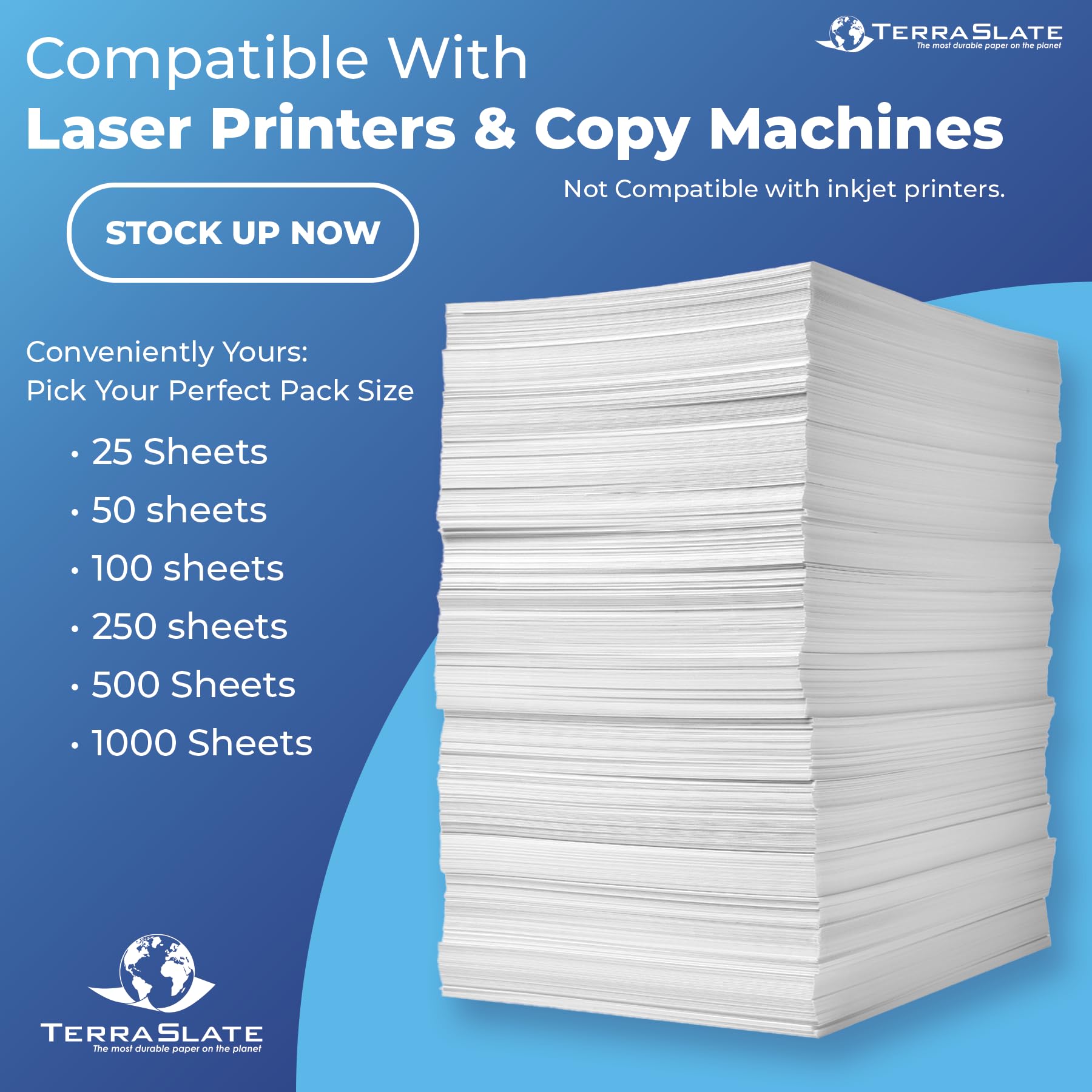 TerraSlate Premium Waterproof Paper - 5 MIL 8.5” x 11” White Laser Printer Paper, 100 Sheets - Weatherproof & Tear-Resistant Copy Paper for Outdoor Use, Rainproof Documents, Marine Charts & Construction Plans