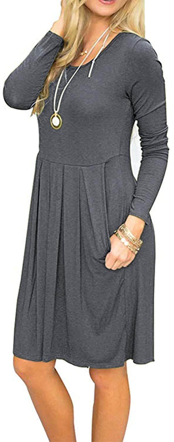 AUSELILY Women's Long Sleeve Pleated Swing Dress - Loose Casual Knee Length Dress with Pockets | 2025 New Collection | Perfect for Work, Date Night & Fall Outfits