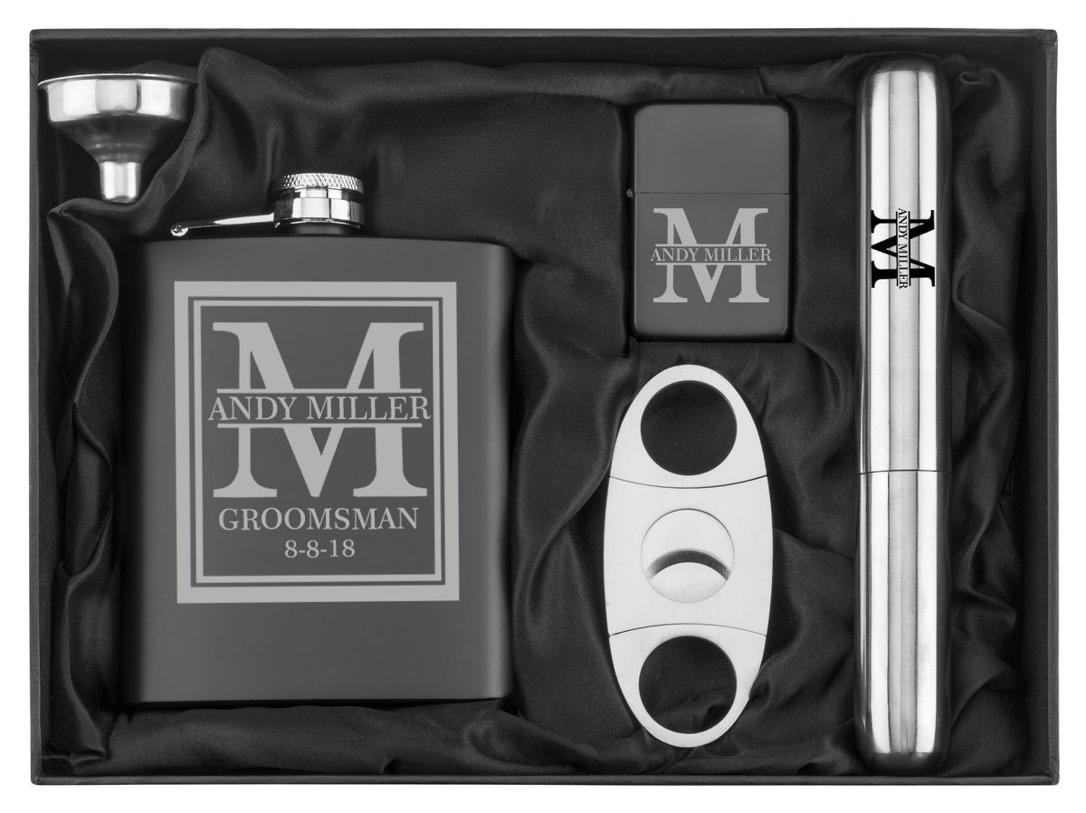 Personalized Stainless Steel Flask Gift Set with Engraved Initials - 7 oz Flask, Funnel, Cigar Cutter & Lighter | Perfect for Weddings, Anniversaries & Father's Day Gifts
