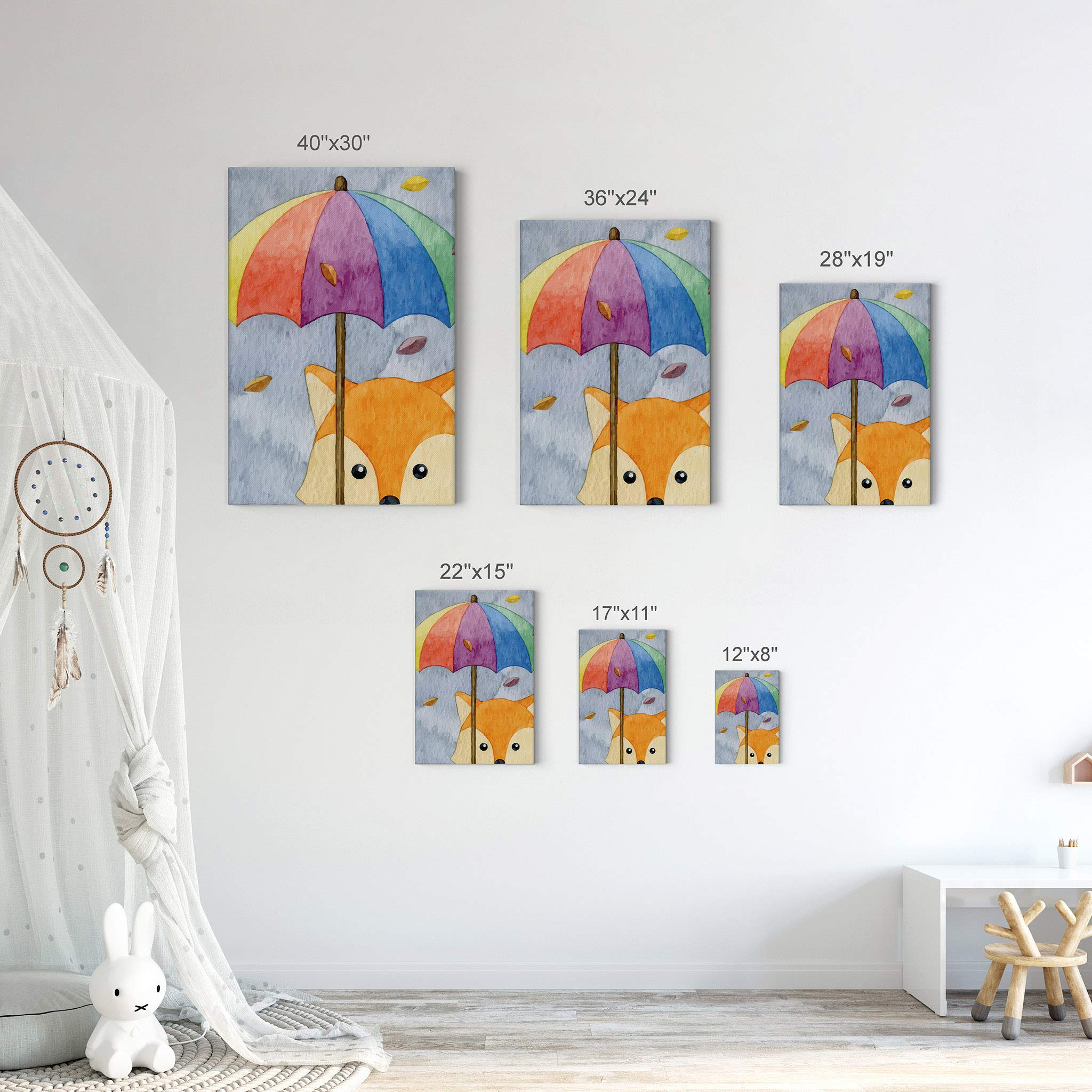 2-Piece Cute Fox & Rabbit Umbrella Painting Canvas Print Set - Autumn Gray Background - Kids Room Wall Art Decor for Baby Boy & Girl - Ready to Hang - Made in USA (22x15 inches) - Perfect for Nursery, Bedroom, Playroom & Gift Giving