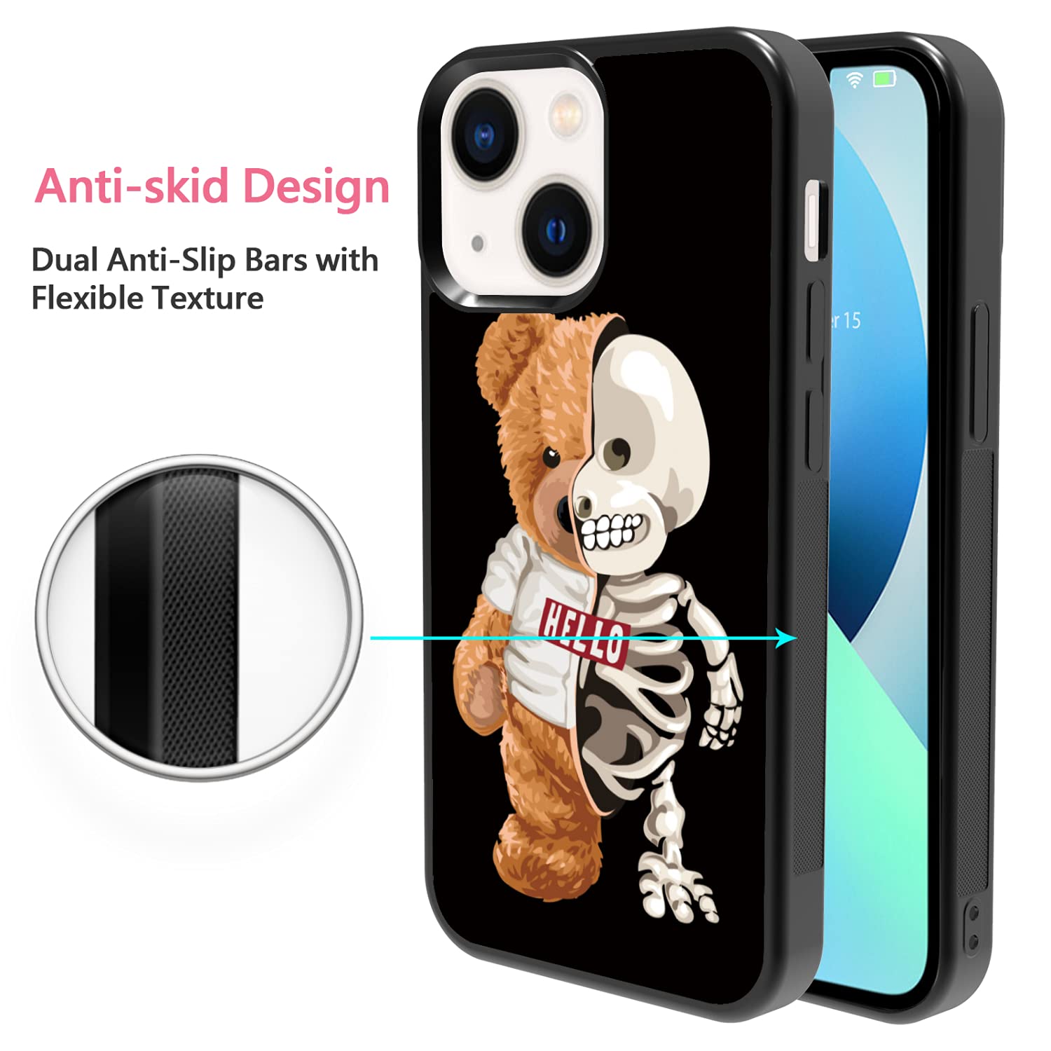 FANXI Skeleton Bear Shockproof Phone Case for iPhone 13 Mini 5.4 Inch - Cute Teddy Bear Designer Protective Cover for Men Women Girls (Black/Brown) | Perfect for Daily Use, Travel & Gift Giving